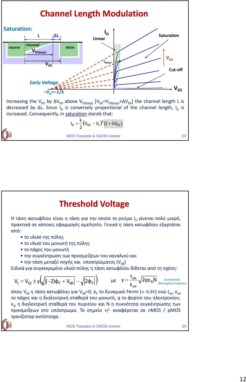 Cosequetly, i saturatio stads that: k I ( VGS Vt ) (1 + λvs) V S MOS Trasistor & CMOS Iverter 3 Threshold Voltage Η τάση κατωφλίου είναι η τάση για την οποία το ρεύμα I γίνεται πολύ μικρό, πρακτικά