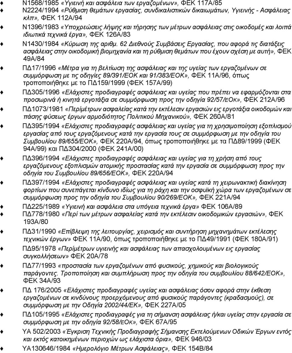 62 Διεθνούς Συμβάσεις Εργασίας, που αφορά τις διατάξεις ασφάλειας στην οικοδομική βιομηχανία και τη ρύθμιση θεμάτων που έχουν σχέση με αυτή», ΦΕΚ 49Α/84 ΠΔ17/1996 «Μέτρα για τη βελτίωση της ασφάλειας