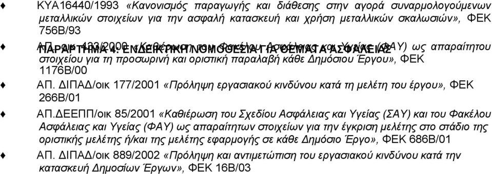 Έργου», ΦΕΚ 1176Β/00 ΑΠ. ΔΙΠΑΔ/οικ 177/2001 «Πρόληψη εργασιακού κινδύνου κατά τη μελέτη του έργου», ΦΕΚ 266Β/01 ΑΠ.