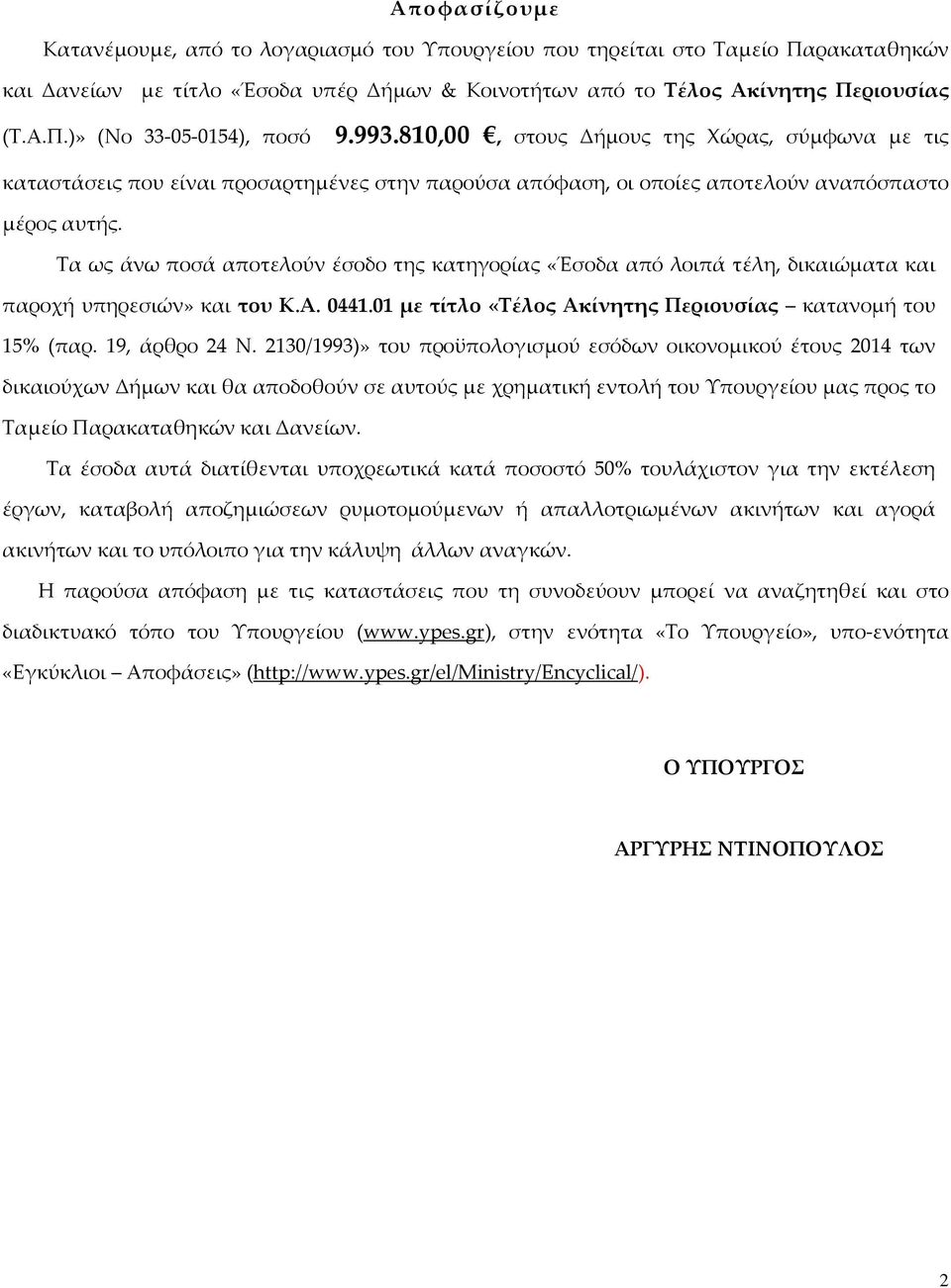 Τα ως άνω ποσά αποτελούν έσοδο της κατηγορίας «Έσοδα από λοιπά τέλη, δικαιώματα και παροχή υπηρεσιών» και του Κ.Α. 0441.01 με τίτλο «Τέλος Ακίνητης Περιουσίας κατανομή του 15% (παρ. 19, άρθρο 24 Ν.