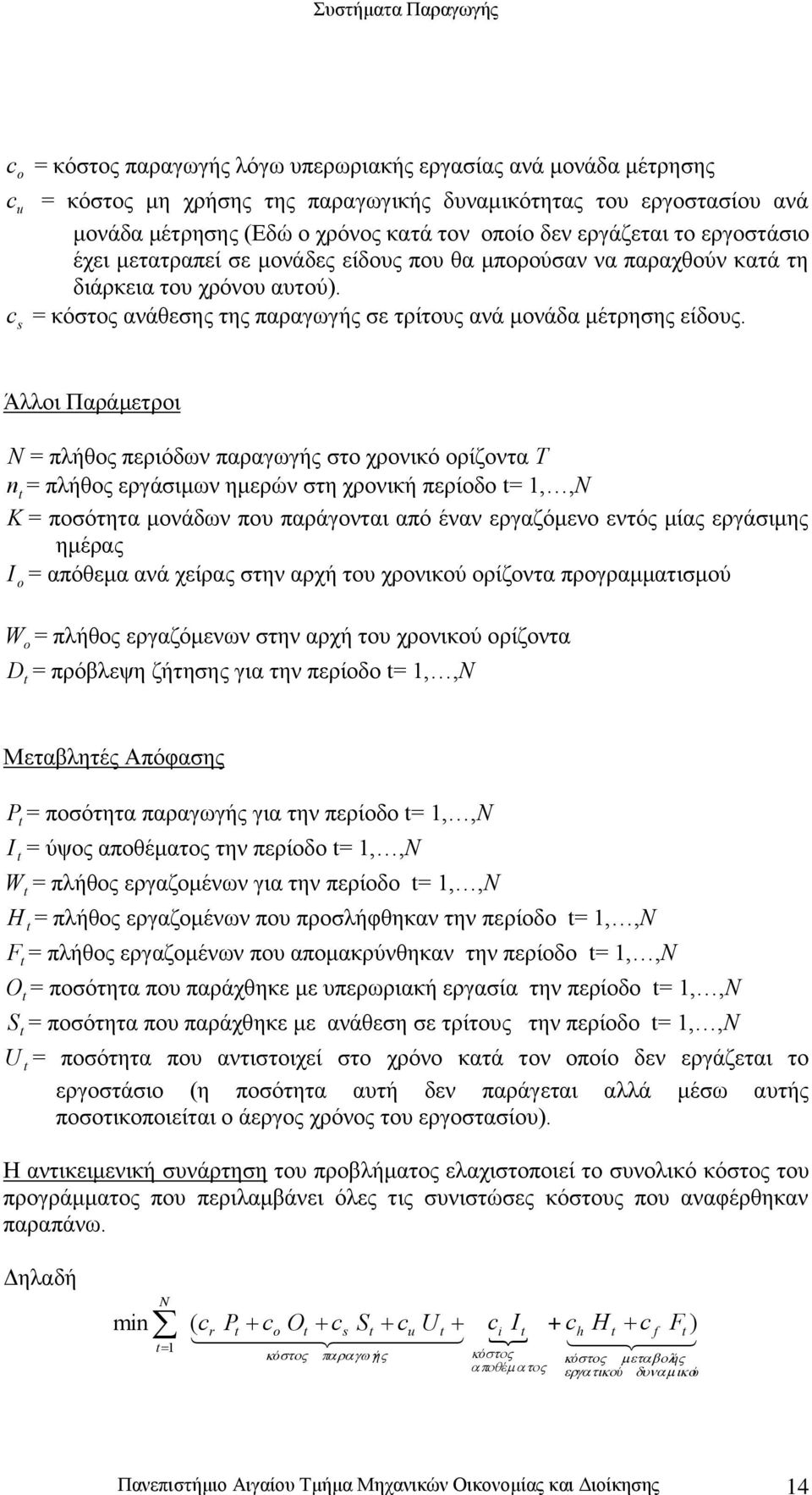 s Άλλοι Παράμετροι N = πλήθος περιόδων παραγωγής στο χρονικό ορίζοντα Τ n = πλήθος εργάσιμων ημερών στη χρονική περίοδο = 1 Ν K = ποσότητα μονάδων που παράγονται από έναν εργαζόμενο εντός μίας