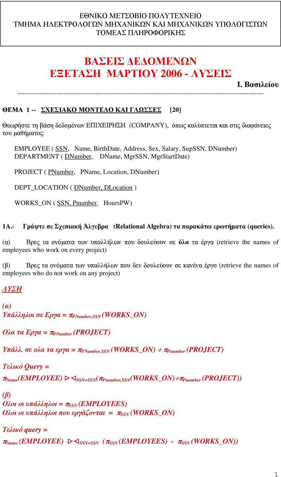 (COMPANY), όπως καλύπτεται και στις διαφάνειες του µαθήµατος: EMPLOYEE ( SSN, Name, BirthDate, Address, Sex, Salary, SupSSN, DNumber) DEPARTMENT ( DNumber, DName, MgrSSN, MgrStartDate) PROJECT (