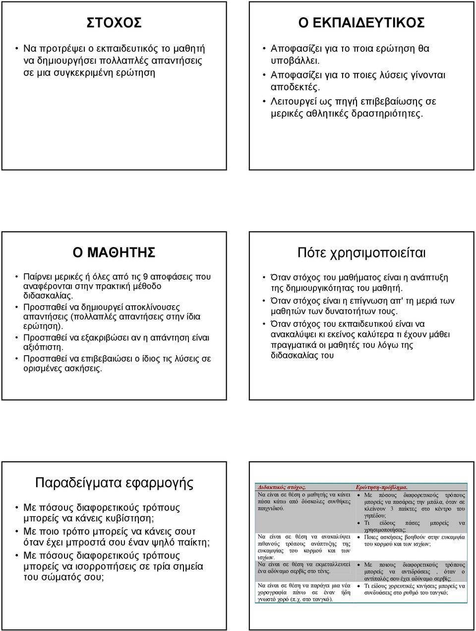 Ο ΜΑΘΗΤΗΣ Παίρνει µερικές ή όλες από τις 9 αποφάσεις που αναφέρονται στην πρακτική µέθοδο διδασκαλίας. Προσπαθεί να δηµιουργεί αποκλίνουσες απαντήσεις (πολλαπλές απαντήσεις στην ίδια ερώτηση).