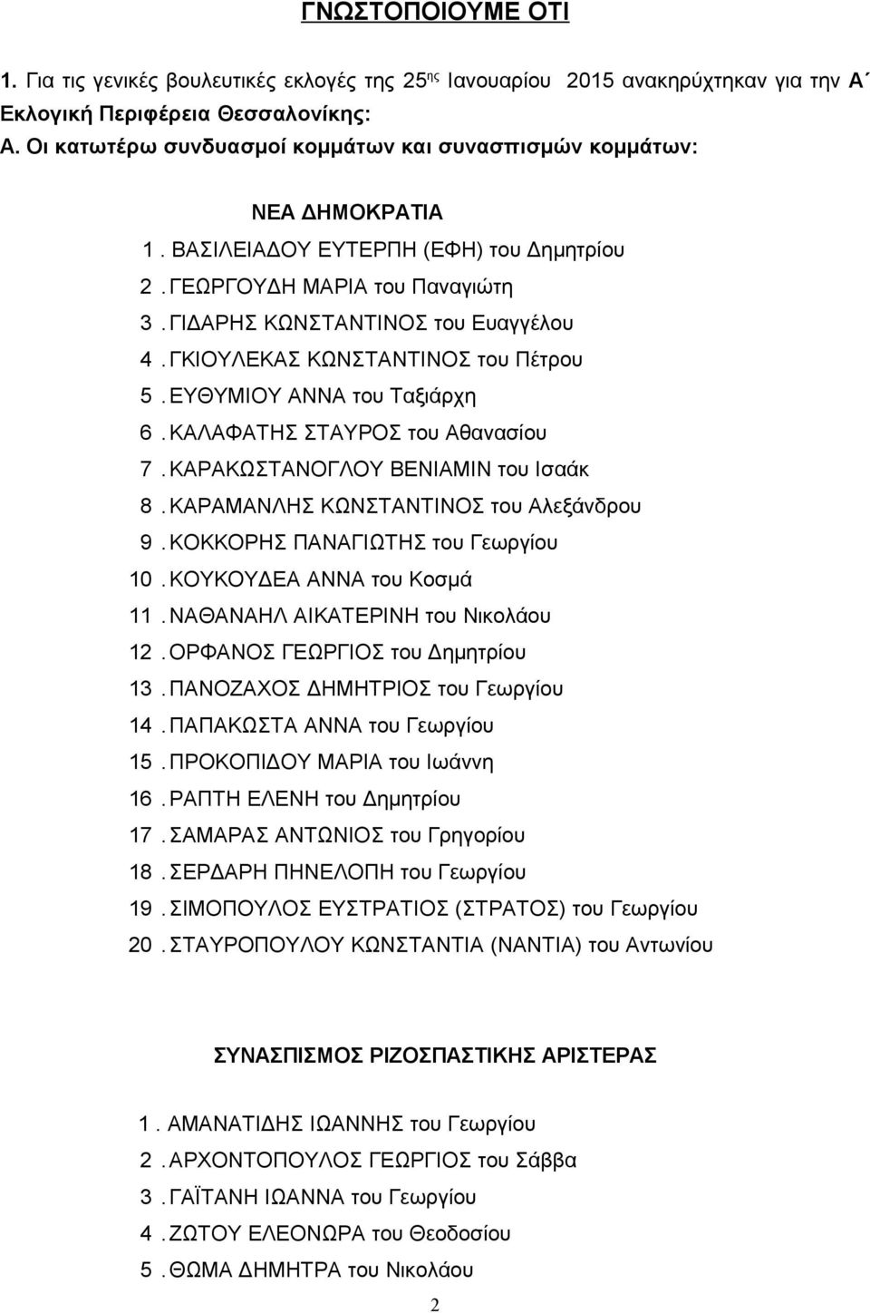 ΓΚΙΟΥΛΕΚΑΣ ΚΩΝΣΤΑΝΤΙΝΟΣ του Πέτρου 5. ΕΥΘΥΜΙΟΥ ΑΝΝΑ του Ταξιάρχη 6. ΚΑΛΑΦΑΤΗΣ ΣΤΑΥΡΟΣ του Αθανασίου 7. ΚΑΡΑΚΩΣΤΑΝΟΓΛΟΥ ΒΕΝΙΑΜΙΝ του Ισαάκ 8. ΚΑΡΑΜΑΝΛΗΣ ΚΩΝΣΤΑΝΤΙΝΟΣ του Αλεξάνδρου 9.