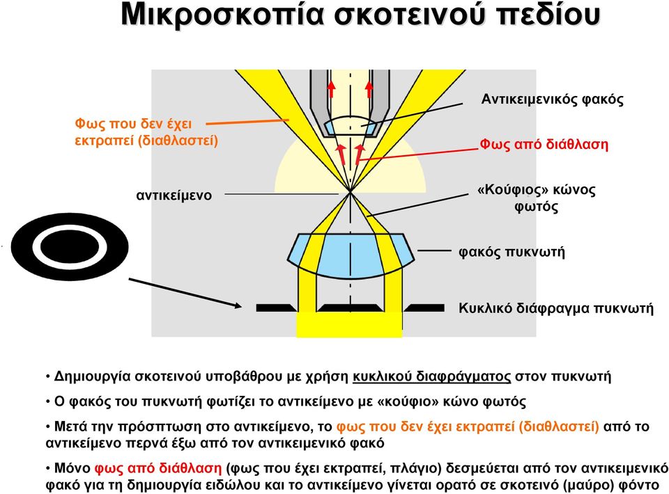 κώνο φωτός Μετά την πρόσπτωση στο αντικείμενο, το φως που δεν έχει εκτραπεί (διαθλαστεί) από το αντικείμενο περνά έξω από τον αντικειμενικό φακό Μόνο φως από