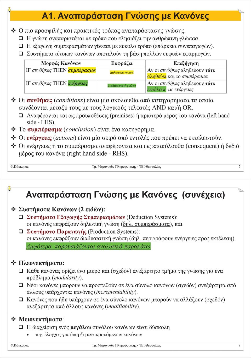 Μορφές Κανόνων Εκφράζει Επεξήγηση IF συνθήκες THEN συμπέρασμα Δηλωτική γνώση Αν οι συνθήκες αληθεύουν τότε αληθεύει και το συμπέρασμα IF συνθήκες THEN ενέργειες Διαδικαστική γνώση Αν οι συνθήκες