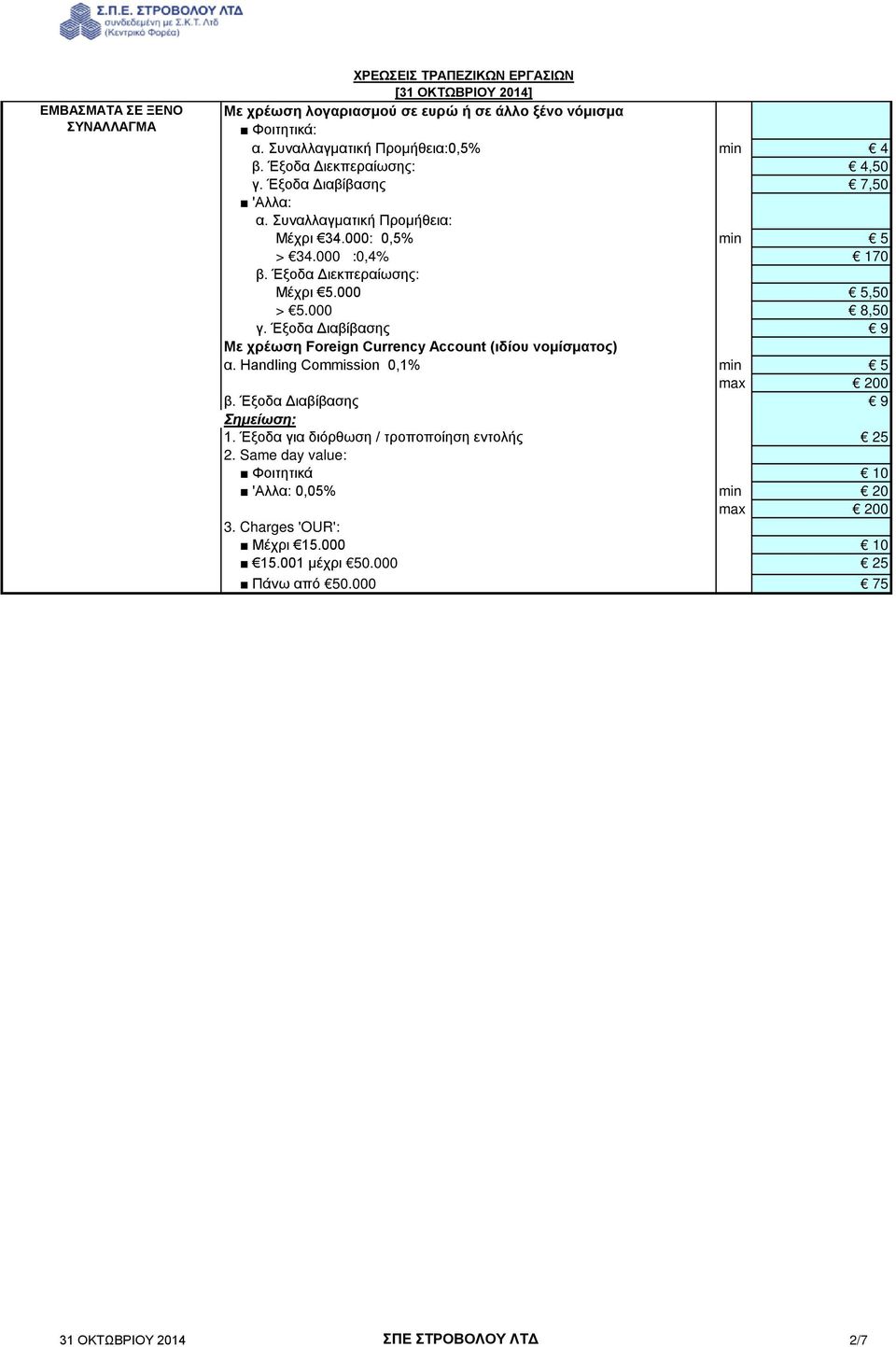 000 5,50 > 5.000 8,50 γ. Έξοδα Διαβίβασης 9 Με χρέωση Foreign Currency Account (ιδίου νομίσματος) α. Handling Commission 0,1% min 5 β. Έξοδα Διαβίβασης 9 1.