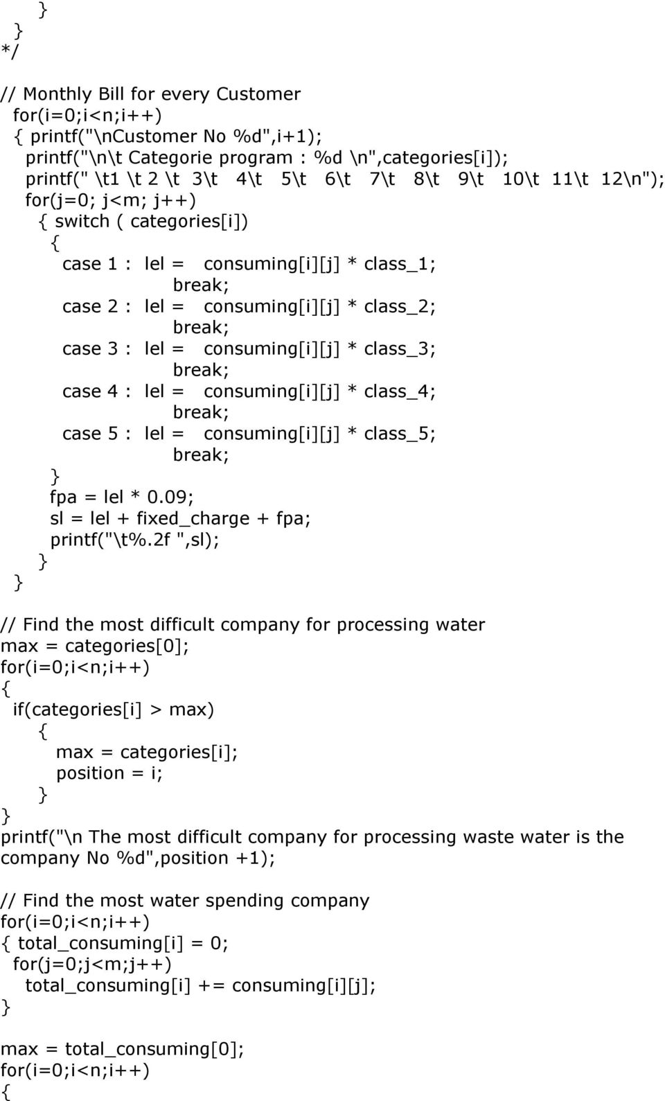 * class_4; case 5 : lel = consuming[i][j] * class_5; fpa = lel * 0.09; sl = lel + fixed_charge + fpa; printf("\t%.