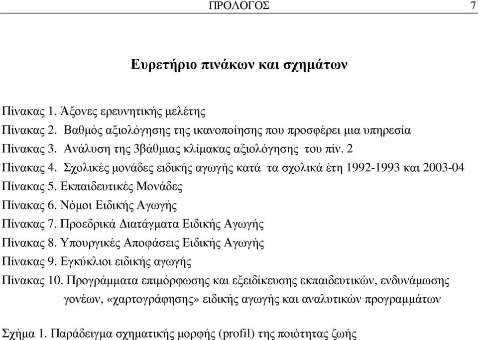 Εκπαιδευτικές Μονάδες Πίνακας 6. Νόµοι Ειδικής Αγωγής Πίνακας 7. Προεδρικά ιατάγµατα Ειδικής Αγωγής Πίνακας 8. Υπουργικές Αποφάσεις Ειδικής Αγωγής Πίνακας 9.