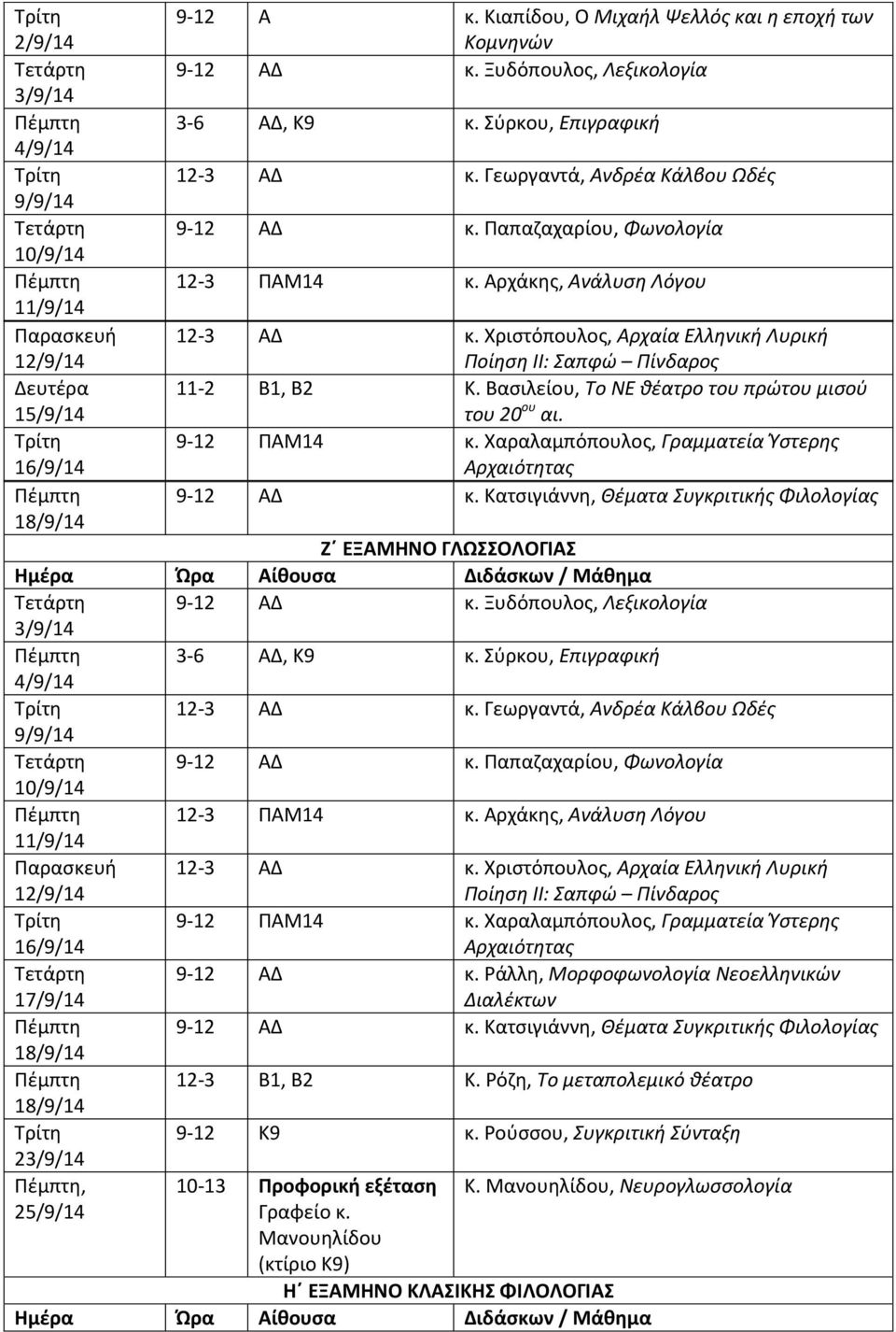 Βασιλείου, Το ΝΕ θέατρο του πρώτου μισού του 20 ου αι. 9-12 ΠΑΜ14 κ. Χαραλαμπόπουλος, Γραμματεία Ύστερης Αρχαιότητας 9-12 ΑΔ κ.