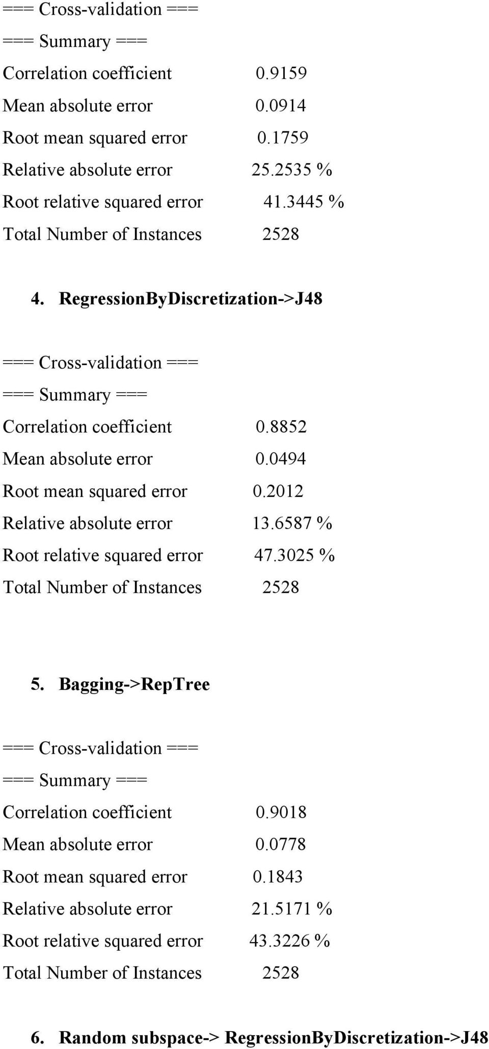 0494 Root mean squared error 0.2012 Relative absolute error 13.6587 % Root relative squared error 47.3025 % 5.