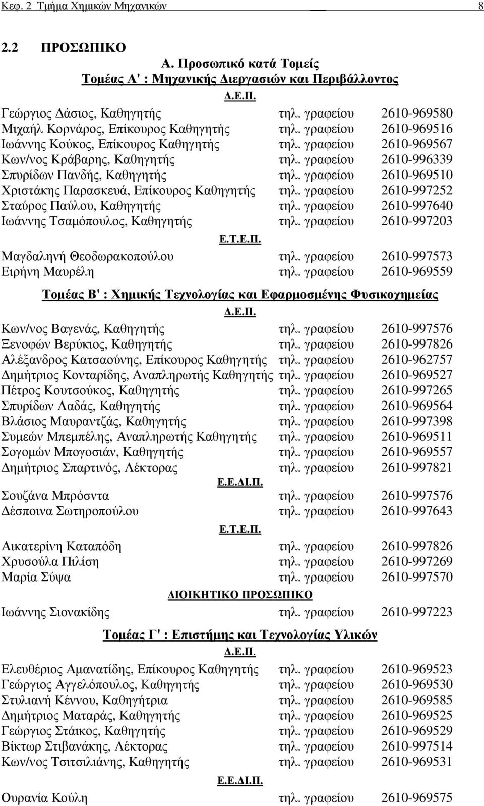 γραφείου 2610-996339 Σπυρίδων Πανδής, Καθηγητής τηλ. γραφείου 2610-969510 Χριστάκης Παρασκευά, Επίκουρος Καθηγητής τηλ. γραφείου 2610-997252 Σταύρος Παύλου, Καθηγητής τηλ.