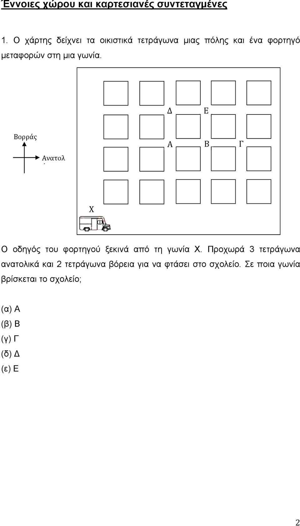 γωνία. Δ Ε Βορράς Ανατολ ή Α Β Γ Χ Ο οδηγός του φορτηγού ξεκινά από τη γωνία Χ.