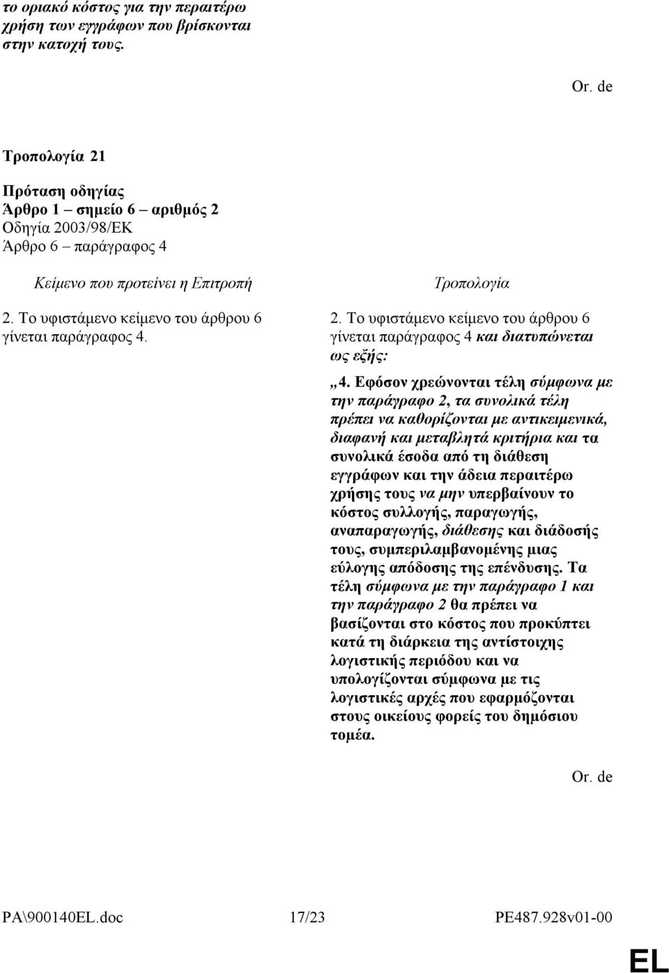 περαιτέρω χρήσης τους να μην υπερβαίνουν το κόστος συλλογής, παραγωγής, αναπαραγωγής, διάθεσης και διάδοσής τους, συμπεριλαμβανομένης µιας εύλογης απόδοσης της επένδυσης.