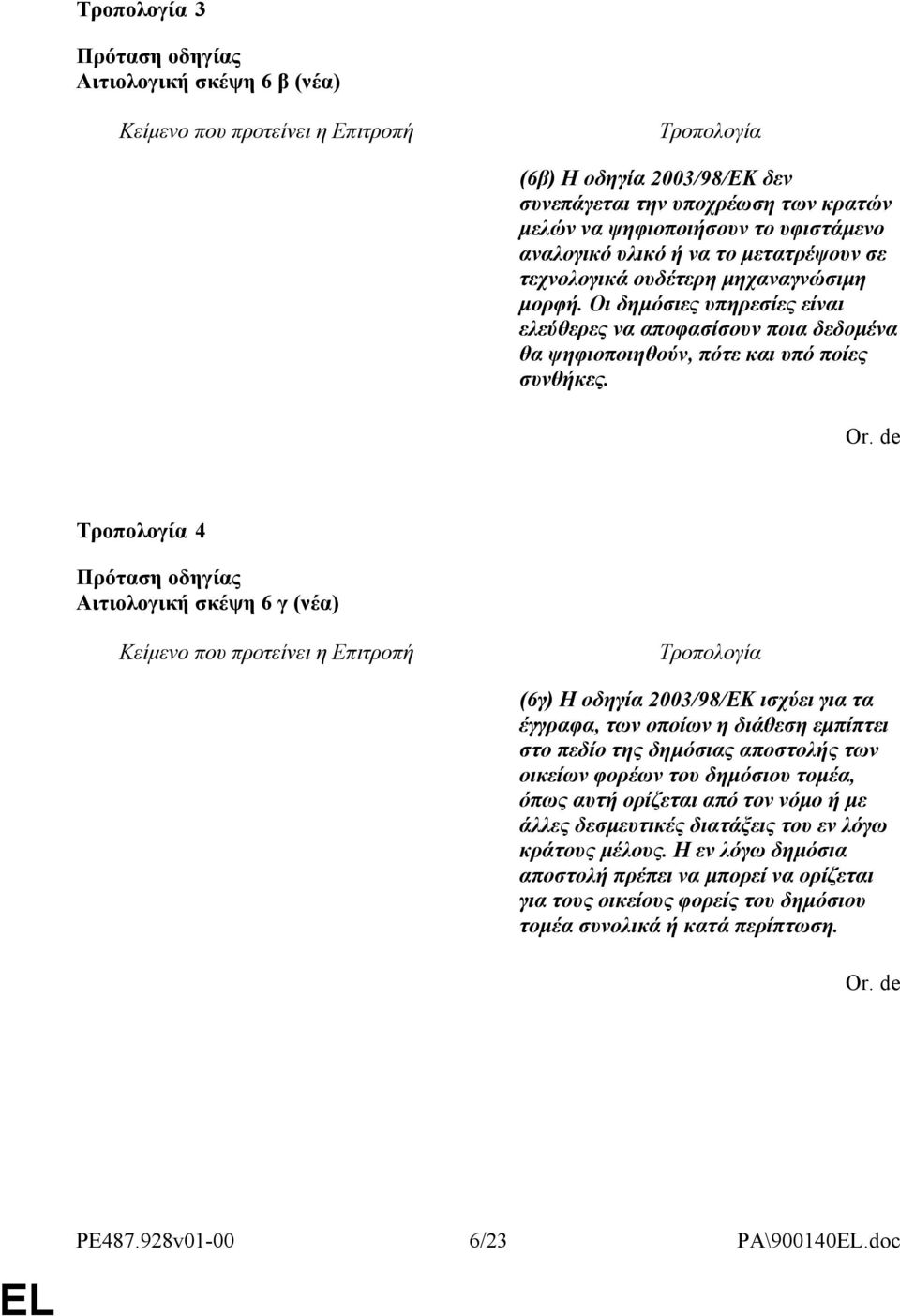 4 Αιτιολογική σκέψη 6 γ (νέα) (6γ) Η οδηγία 2003/98/ΕΚ ισχύει για τα έγγραφα, των οποίων η διάθεση εμπίπτει στο πεδίο της δημόσιας αποστολής των οικείων φορέων του δημόσιου τομέα, όπως αυτή