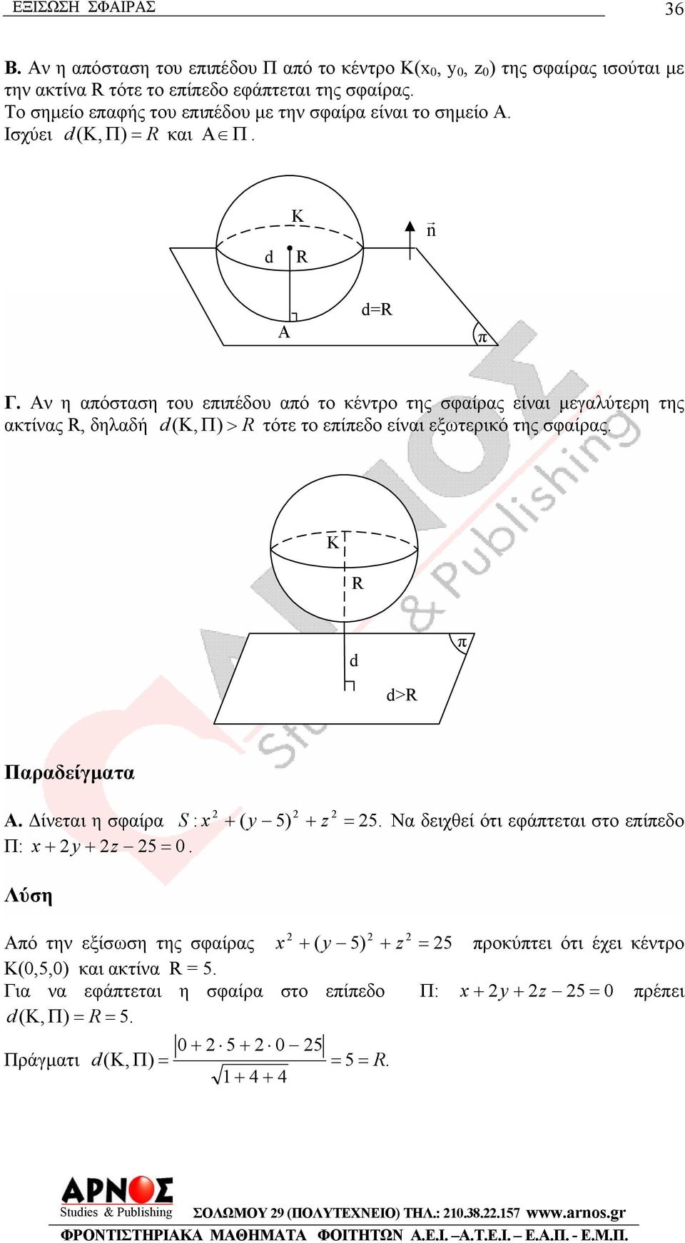 ν η απόσταση του πιπέδου από το κέντρο της σφαίρας ίναι µγαλύτρη της ακτίνας, δηλαδή, Π > τότ το πίπδο ίναι ξωτρικό της σφαίρας. π > Παραδίγµατα.