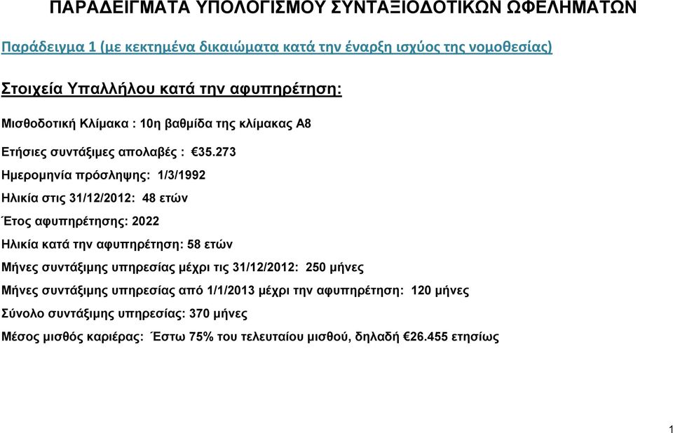 273 Ημερομηνία πρόσληψης: 1/3/1992 Ηλικία στις 31/12/2012: 48 ετών Έτος αφυπηρέτησης: 2022 Ηλικία κατά την αφυπηρέτηση: 58 ετών Μήνες συντάξιμης υπηρεσίας