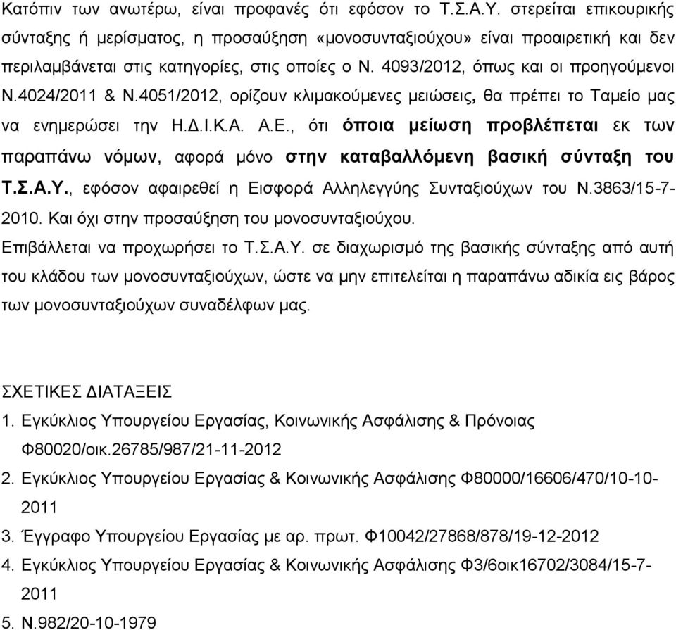 4024/2011 & Ν.4051/2012, ορίζουν κλιμακούμενες μειώσεις, θα πρέπει το Ταμείο μας να ενημερώσει την Η.Δ.Ι.Κ.Α. Α.Ε.