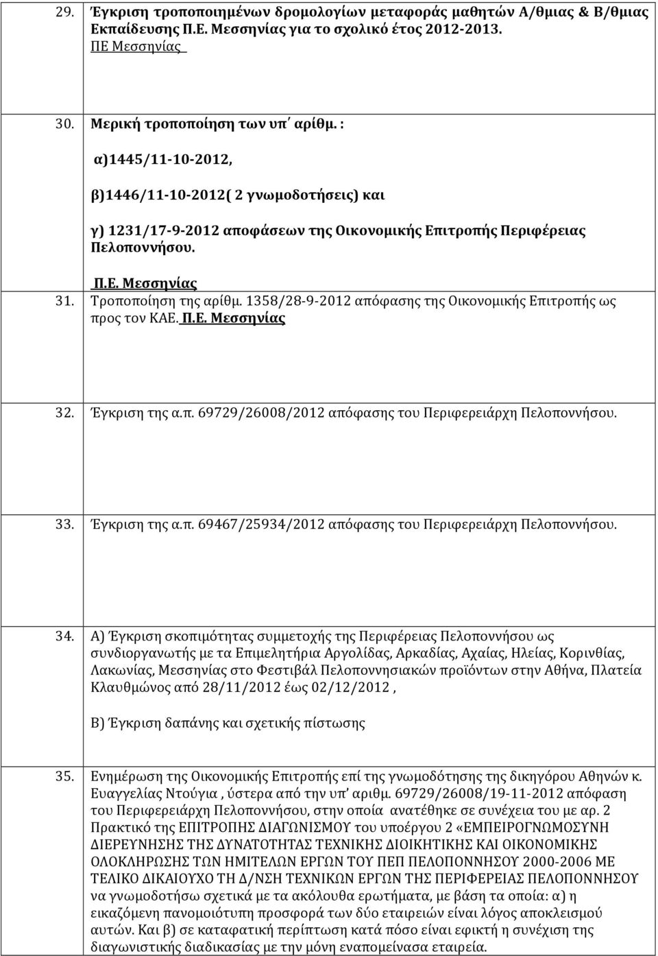 1358/28-9-2012 απόφασης της Οικονομικής Επιτροπής ως προς τον ΚΑΕ. Π.Ε. Μεσσηνίας 32. Έγκριση της α.π. 69729/26008/2012 απόφασης του Περιφερειάρχη Πελοποννήσου. 33. Έγκριση της α.π. 69467/25934/2012 απόφασης του Περιφερειάρχη Πελοποννήσου.