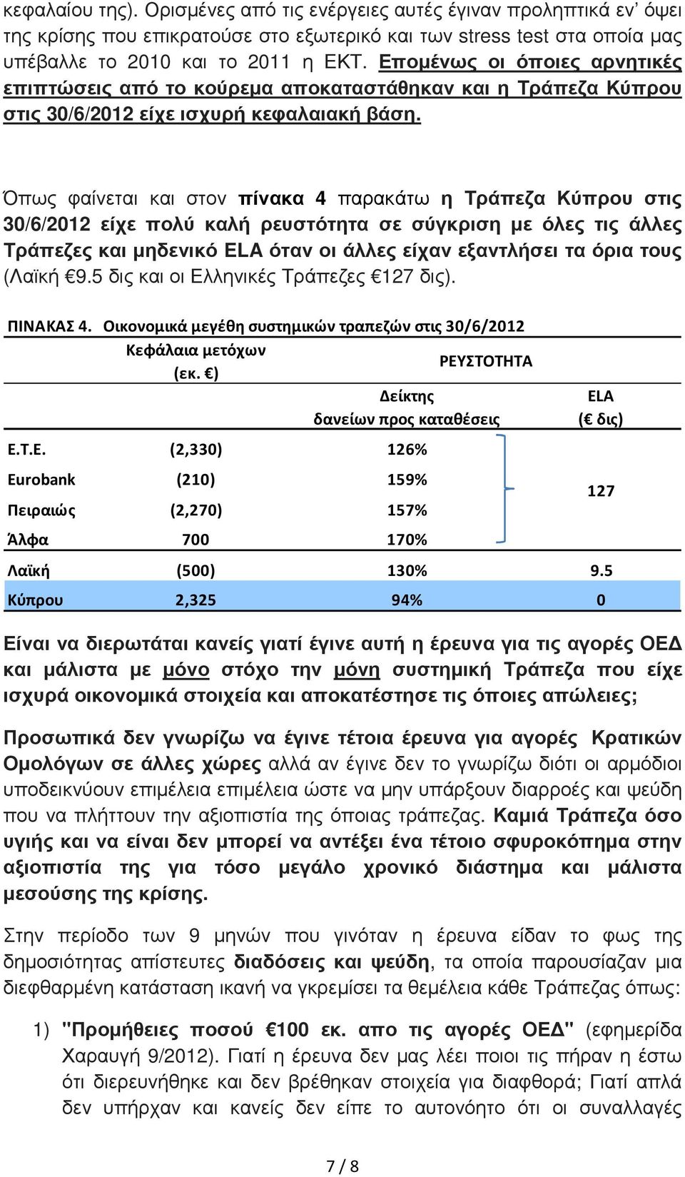 Όπως φαίνεται και στον πίνακα 4 παρακάτω η Τράπεζα Κύπρου στις 30/6/2012 είχε πολύ καλή ρευστότητα σε σύγκριση µε όλες τις άλλες Τράπεζες και µηδενικό ELA όταν οι άλλες είχαν εξαντλήσει τα όρια τους