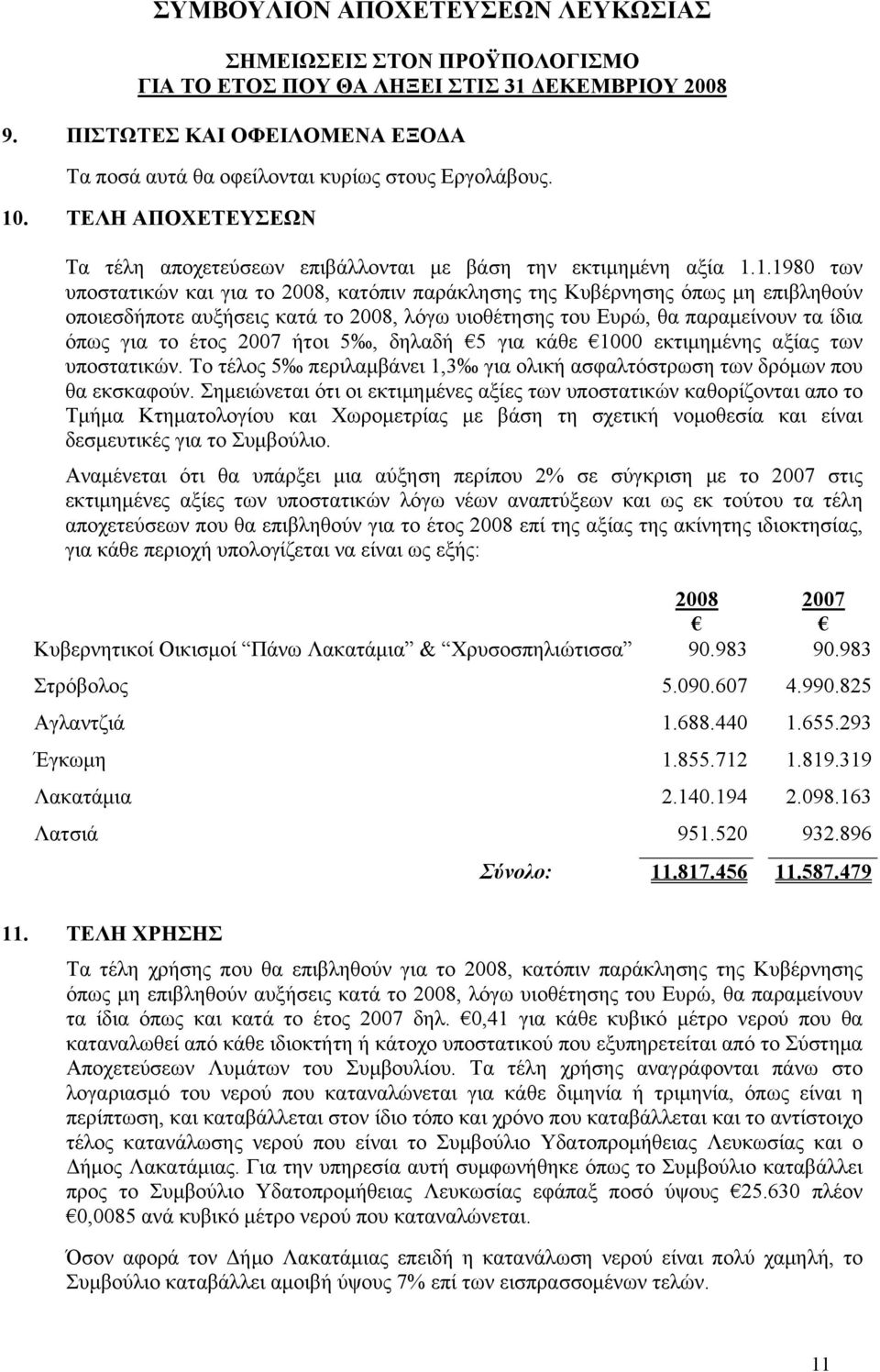 1.1980 των υποστατικών και για το 2008, κατόπιν παράκλησης της Κυβέρνησης όπως μη επιβληθούν οποιεσδήποτε αυξήσεις κατά το 2008, λόγω υιοθέτησης του Ευρώ, θα παραμείνουν τα ίδια όπως για το έτος 2007