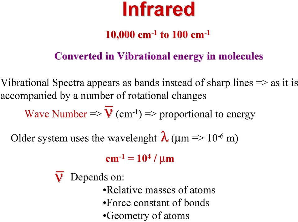 Wave Number => n (cm -1 ) => proportional to energy Older system uses the wavelenght l (µm => 10-6