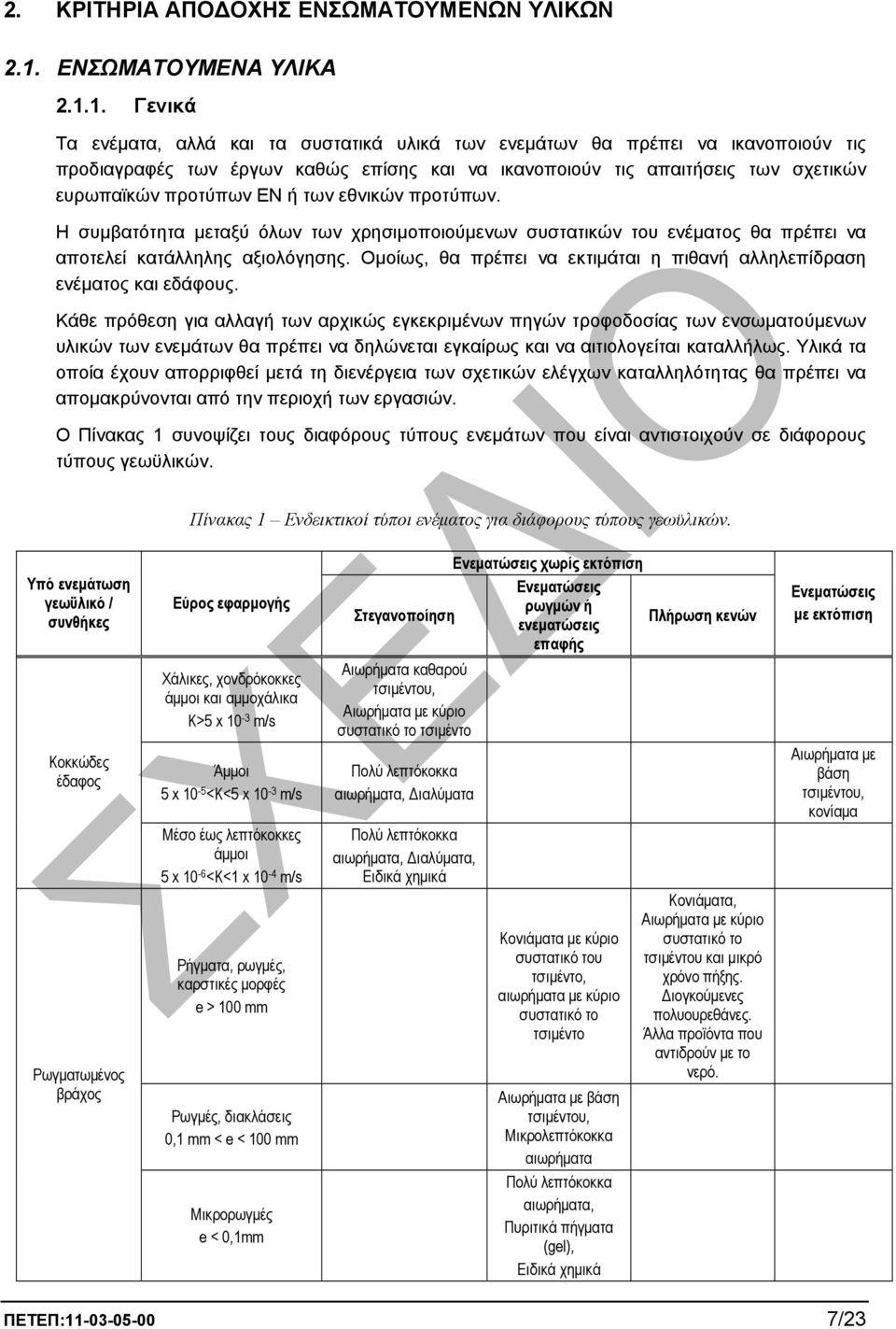 1. Γενικά Τα ενέµατα, αλλά και τα συστατικά υλικά των ενεµάτων θα πρέπει να ικανοποιούν τις προδιαγραφές των έργων καθώς επίσης και να ικανοποιούν τις απαιτήσεις των σχετικών ευρωπαϊκών προτύπων ΕΝ ή