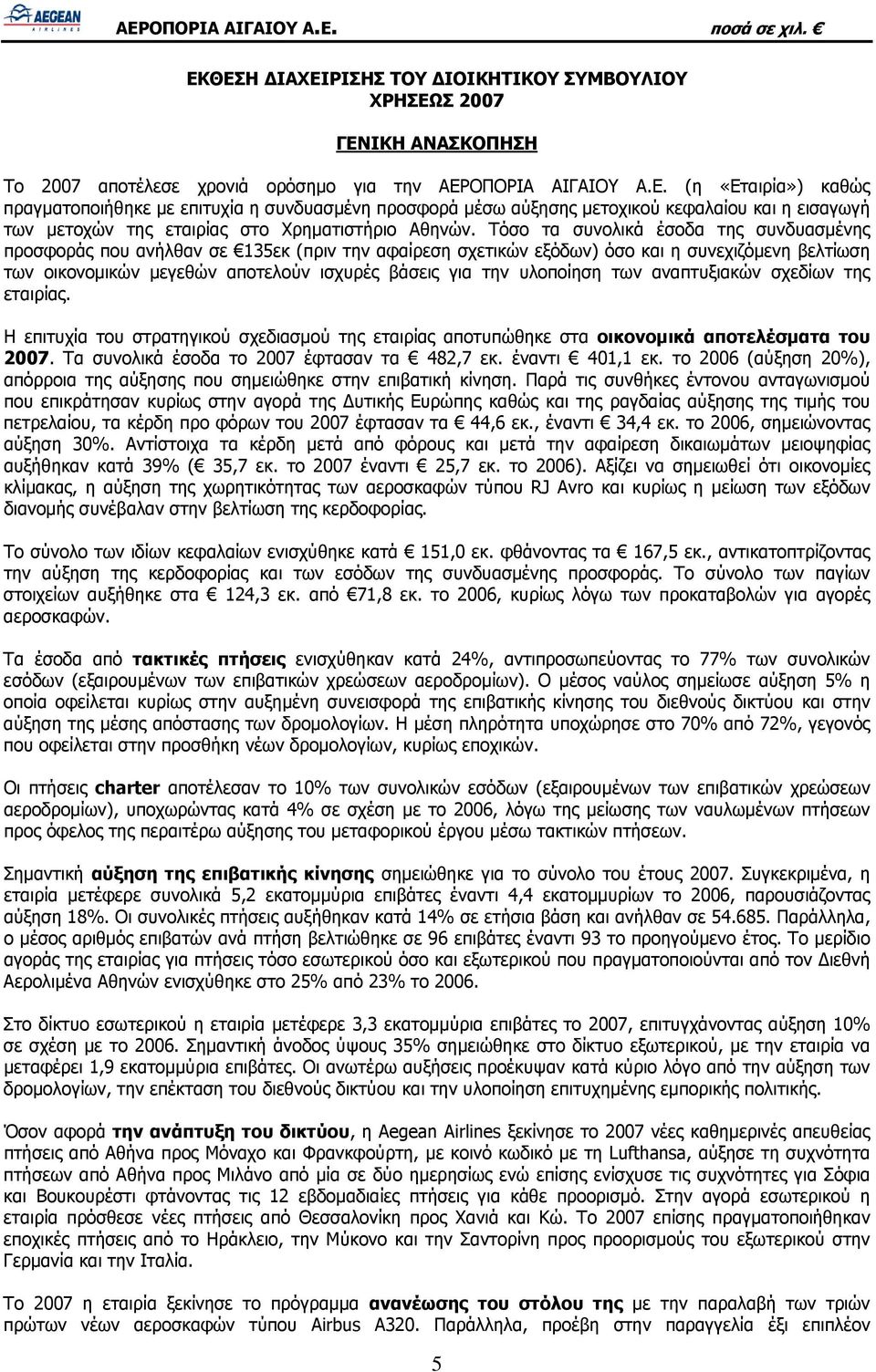 υλοποίηση των αναπτυξιακών σχεδίων της εταιρίας. Η επιτυχία του στρατηγικού σχεδιασμού της εταιρίας αποτυπώθηκε στα οικονομικά αποτελέσματα του 2007. Τα συνολικά έσοδα το 2007 έφτασαν τα 482,7 εκ.