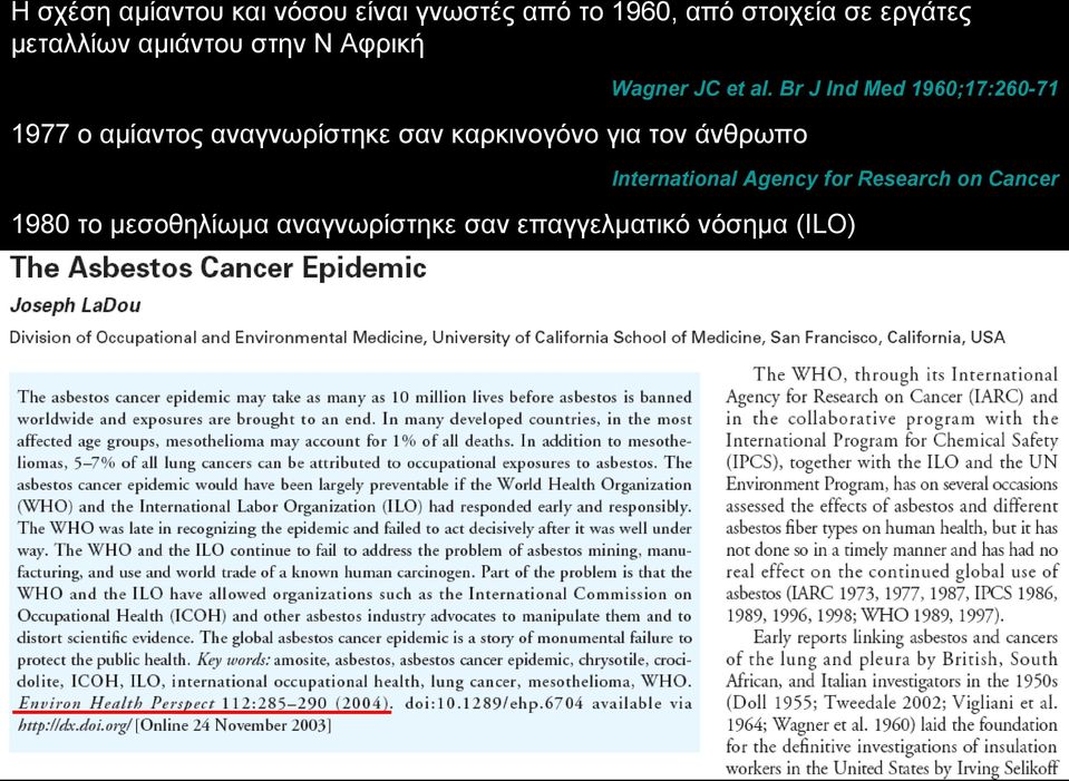 Br J Ind Med 1960;17:260-71 1977 ο αμίαντος αναγνωρίστηκε σαν καρκινογόνο για τον