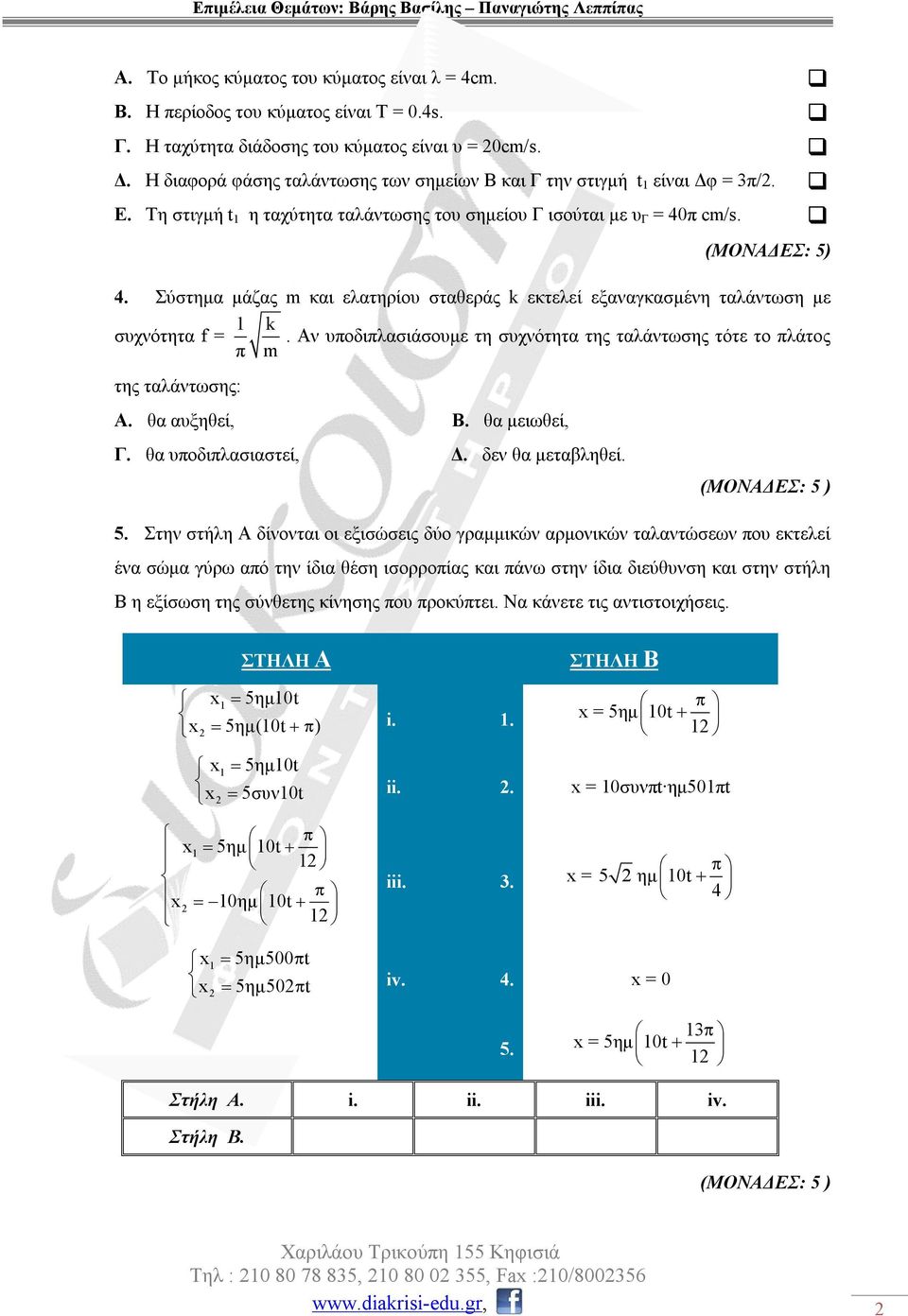 π cm/s. 4. Σύστημα μάζας m και ελατηρίου σταθεράς k εκτελεί εξαναγκασμένη ταλάντωση με συχνότητα f = 1 k. Αν υποδιπλασιάσουμε τη συχνότητα της ταλάντωσης τότε το πλάτος π m της ταλάντωσης: Α.