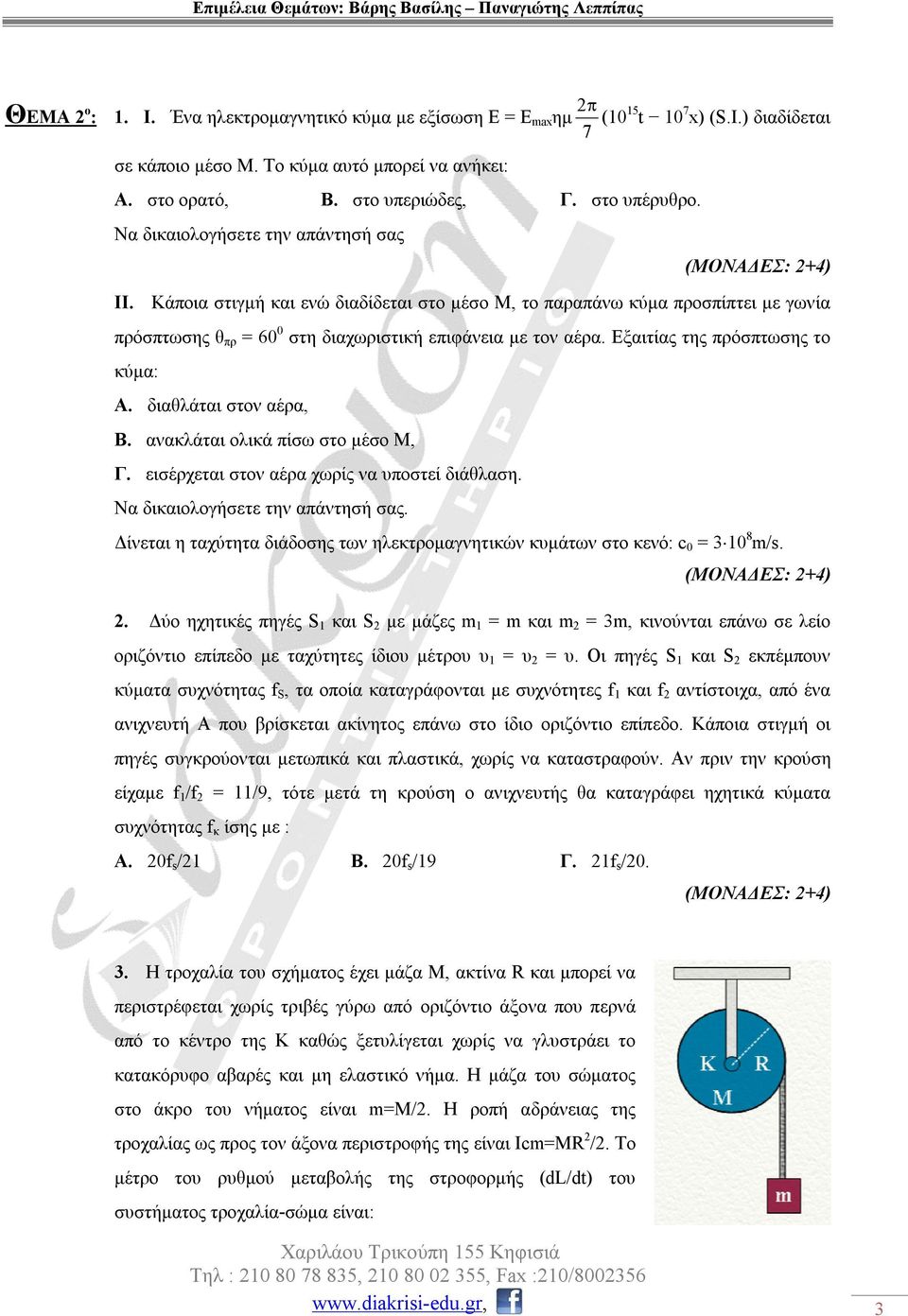 Εξαιτίας της πρόσπτωσης το κύμα: Α. διαθλάται στον αέρα, Β. ανακλάται ολικά πίσω στο μέσο Μ, Γ. εισέρχεται στον αέρα χωρίς να υποστεί διάθλαση. Να δικαιολογήσετε την απάντησή σας.