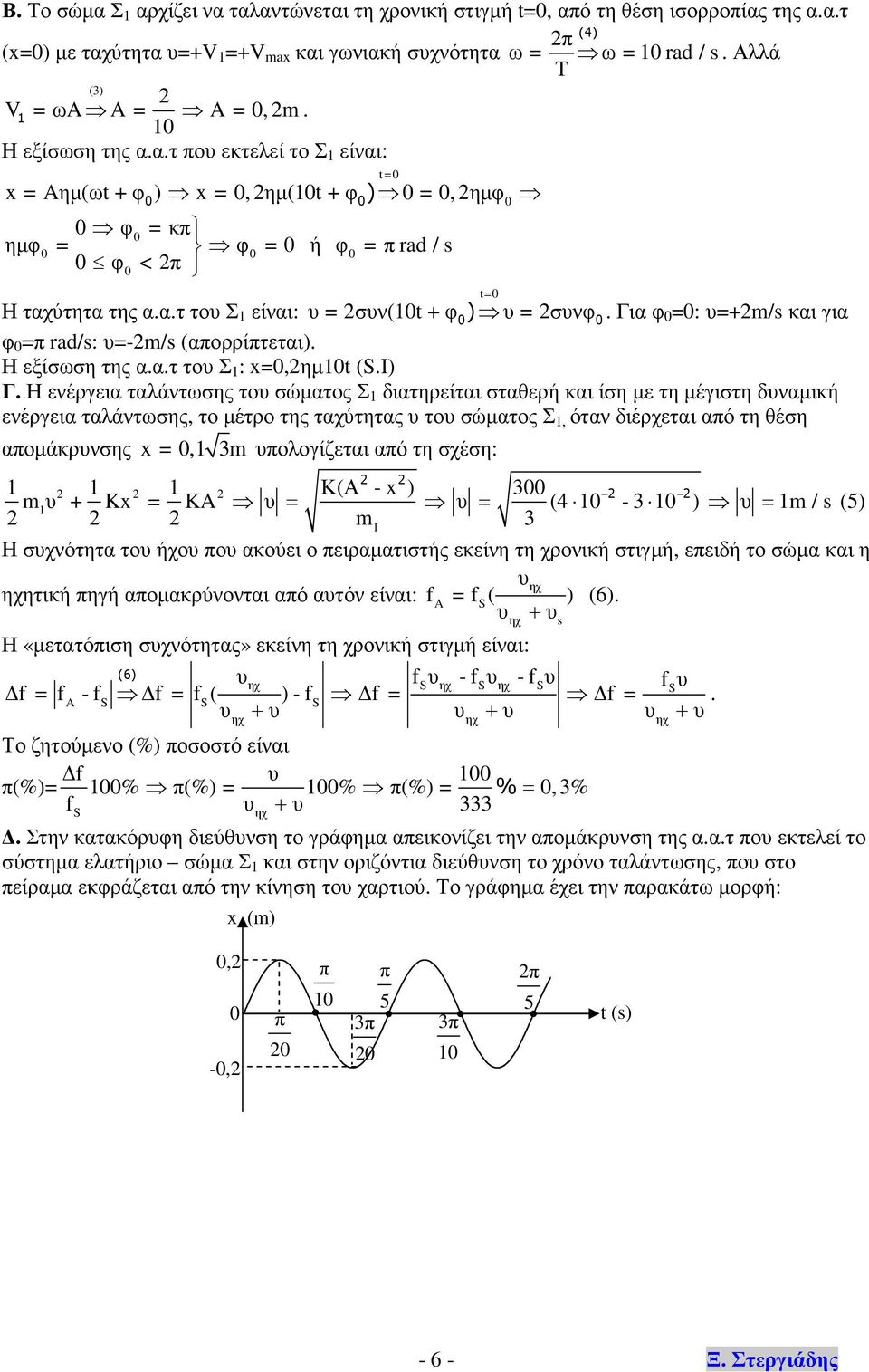 Για φ =: υ=+m/s και για φ = ad/s: υ=-m/s (αορρίτεται). Η εξίσωση της α.α.τ του Σ : x=,ηµt (.I) Γ.