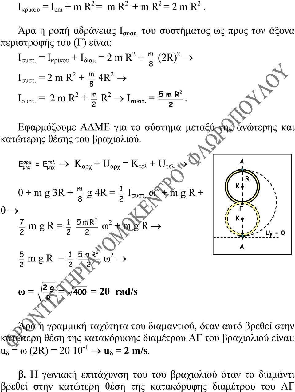 αρχ μηχ τελ μηχ E = Ε αρχ + U αρχ = τελ + U τελ 0 + m g 3R + m 8 g 4R = 1 Ι συστ.