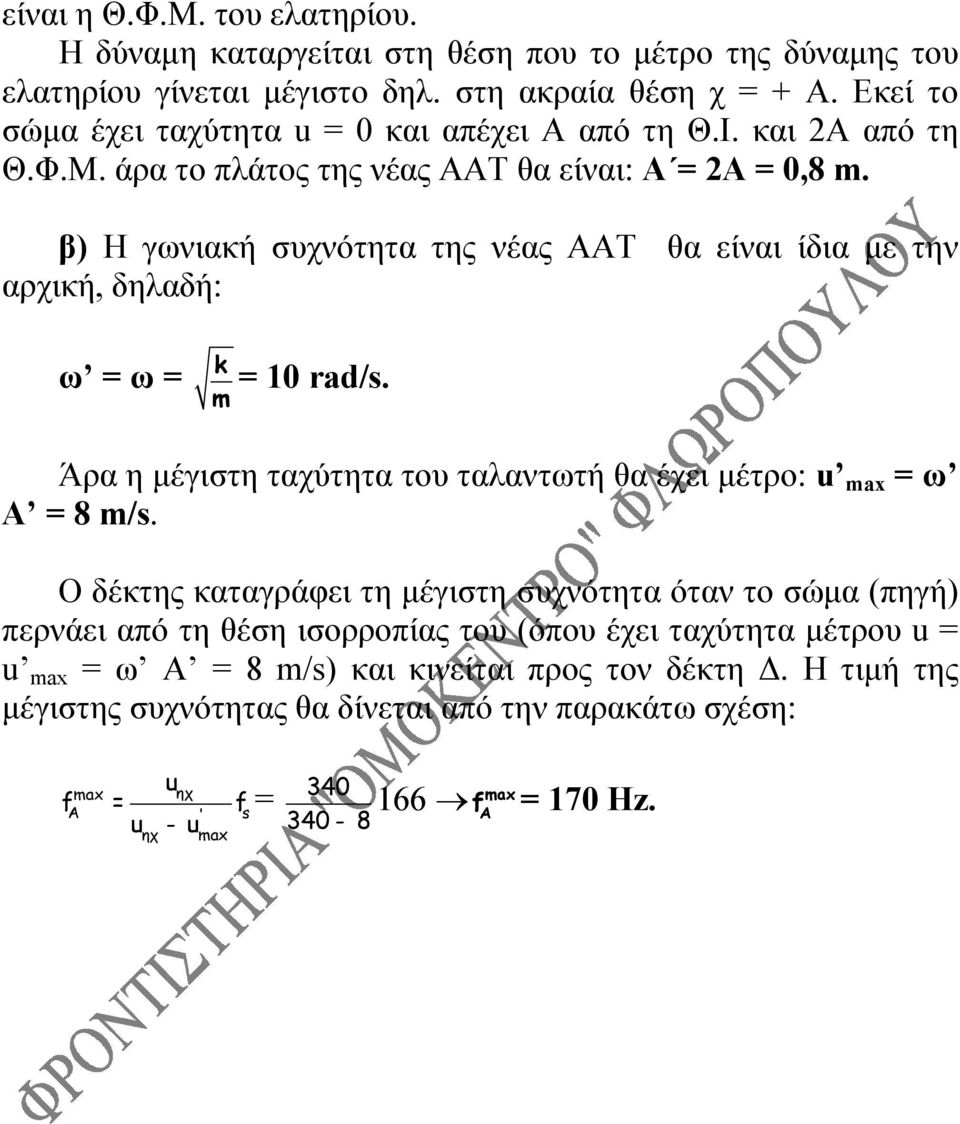 β) Η γωνιακή συχνότητα της νέας ΑΑΤ θα είναι ίδια με την αρχική, δηλαδή: ω = ω = k = 10 rad/s. m Άρα η μέγιστη ταχύτητα του ταλαντωτή θα έχει μέτρο: u = ω Α = 8 m/s.