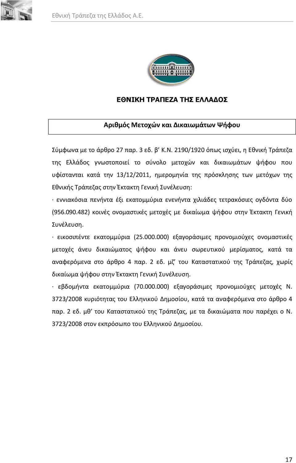 τετρακόςιεσ ογδόντα δφο (956.090.482) κοινζσ ονομαςτικζσ μετοχζσ με δικαίωμα ψιφου ςτθν Ζκτακτθ Γενικι Συνζλευςθ. εικοςιπζντε εκατομμφρια (25.000.