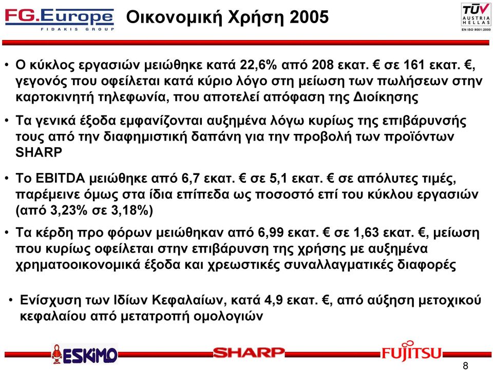 από την διαφηµιστική δαπάνη για την προβολή των προϊόντων SHARP Το ΕΒΙΤDA µειώθηκε από 6,7 εκατ. σε 5,1 εκατ.