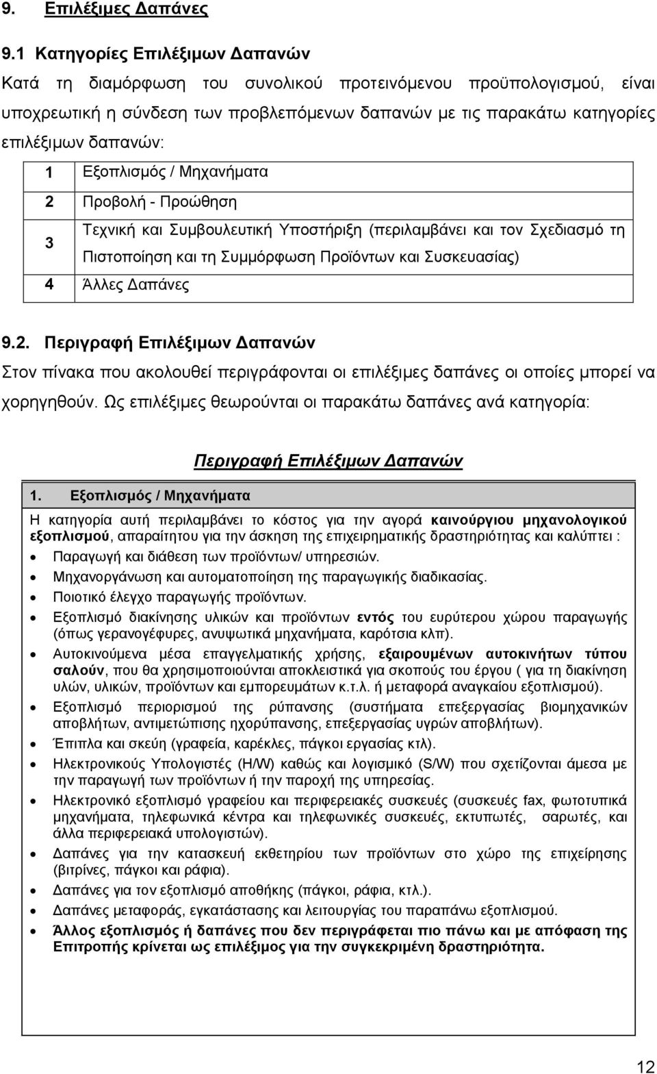 Εξοπλισμός / Μηχανήματα 2 Προβολή - Προώθηση Τεχνική και Συμβουλευτική Υποστήριξη (περιλαμβάνει και τον Σχεδιασμό τη 3 Πιστοποίηση και τη Συμμόρφωση Προϊόντων και Συσκευασίας) 4 Άλλες Δαπάνες 9.2. Περιγραφή Επιλέξιμων Δαπανών Στον πίνακα που ακολουθεί περιγράφονται οι επιλέξιμες δαπάνες οι οποίες μπορεί να χορηγηθούν.