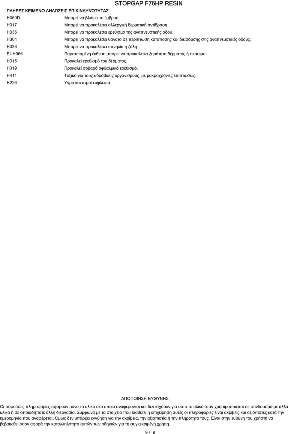 EUH066 Παρατεταμένη έκθεση μπορεί να προκαλέσει ξηρότητα δέρματος ή σκάσιμο. H315 Προκαλεί ερεθισμό του δέρματος. H319 Προκαλεί σοβαρό οφθαλμικό ερεθισμό.