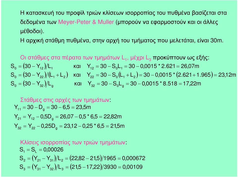 S S S 0 0 0 Οι στάθµες στα πέρατα των τµηµάτων L 1, µέχρι L 3 προκύπτουν ως εξής: ( 30 Y1) L1 και Y1 30 S0L1 30 0,0015 *.61 6,07m ( 30 Y) ( L1+ L) και Y 30 S0( L1+ L) 30 0,0015 *(.