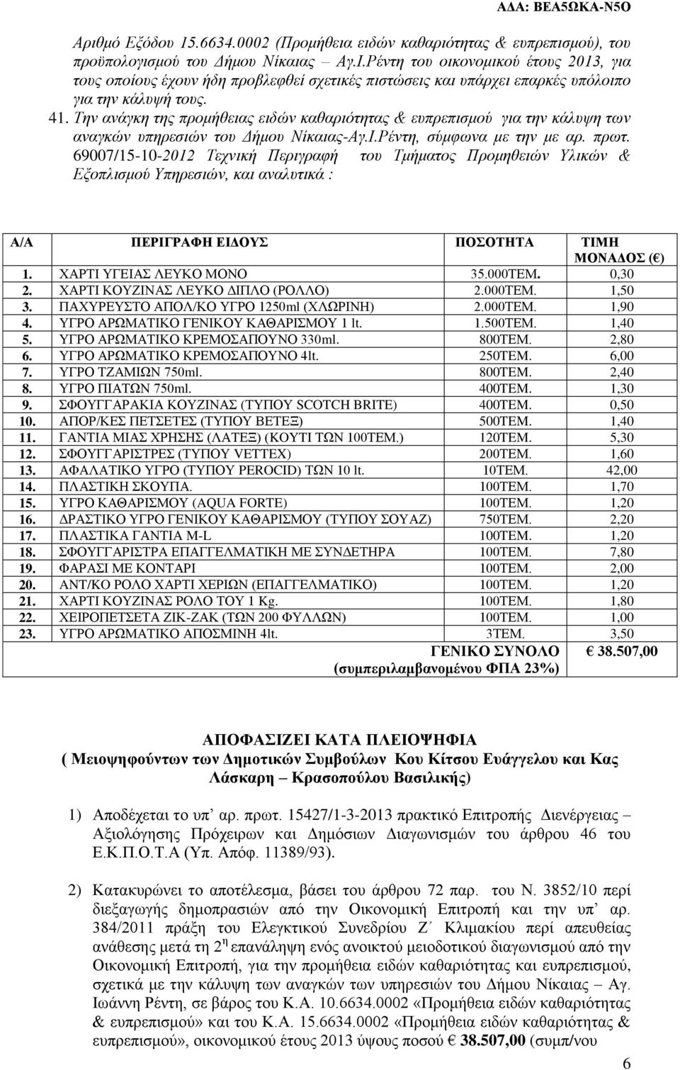 Την ανάγκη της προμήθειας ειδών καθαριότητας & ευπρεπισμού για την κάλυψη των αναγκών υπηρεσιών του Δήμου Νίκαιας-Αγ.Ι.Ρέντη, σύμφωνα με την με αρ. πρωτ.