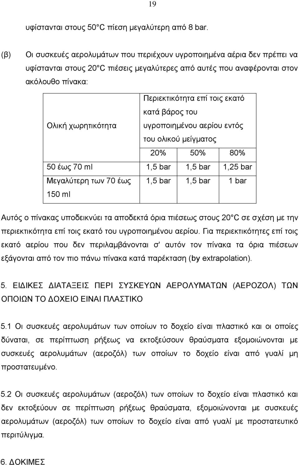 βάρος του Ολική χωρητικότητα υγροποιημένου αερίου εντός του ολικού μείγματος 20% 50% 80% 50 έως 70 ml 1,5 bar 1,5 bar 1,25 bar Μεγαλύτερη των 70 έως 150 ml 1,5 bar 1,5 bar 1 bar Αυτός ο πίνακας