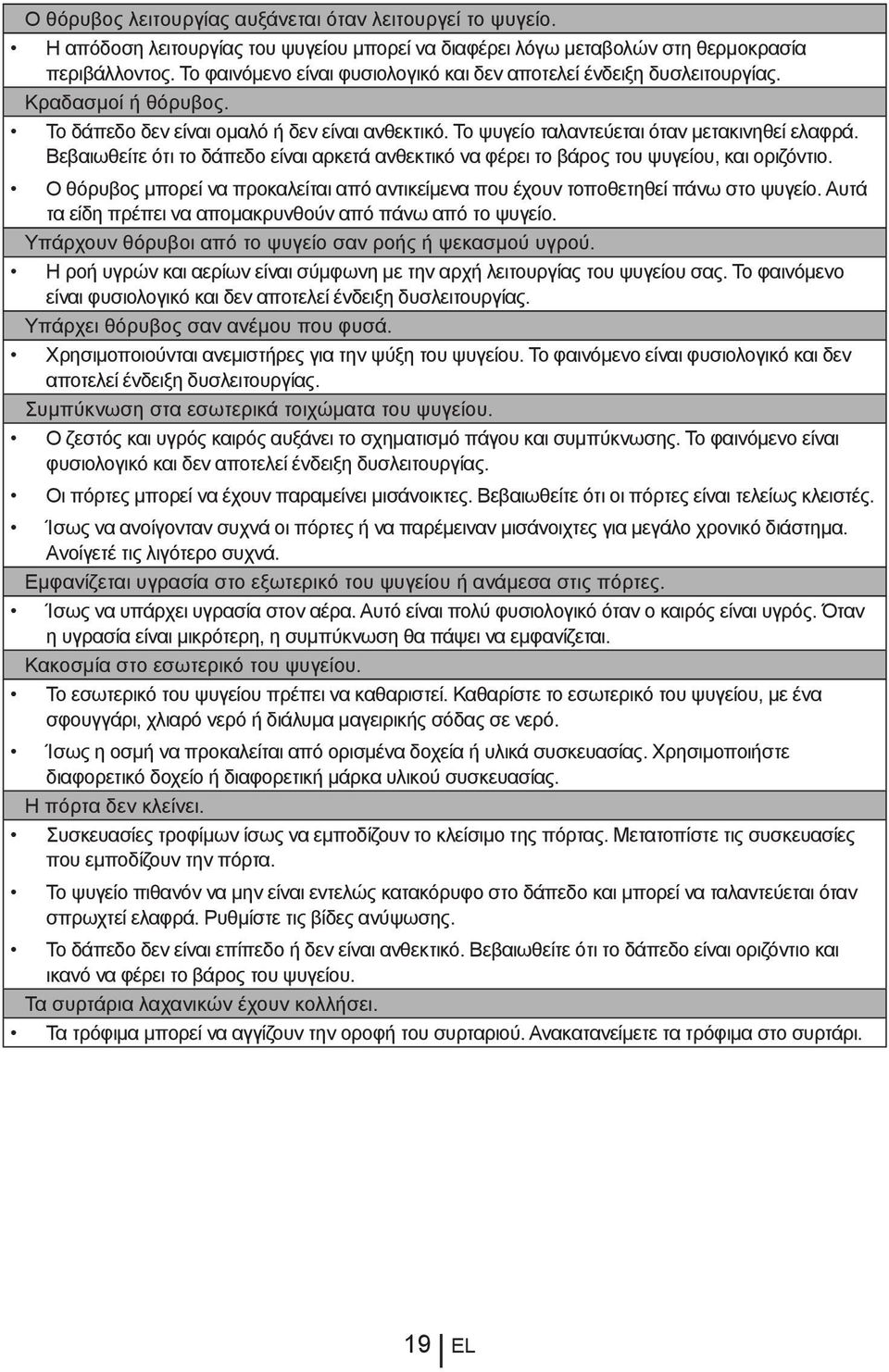 Βεβαιωθείτε ότι το δάπεδο είναι αρκετά ανθεκτικό να φέρει το βάρος του ψυγείου, και οριζόντιο. Ο θόρυβος μπορεί να προκαλείται από αντικείμενα που έχουν τοποθετηθεί πάνω στο ψυγείο.