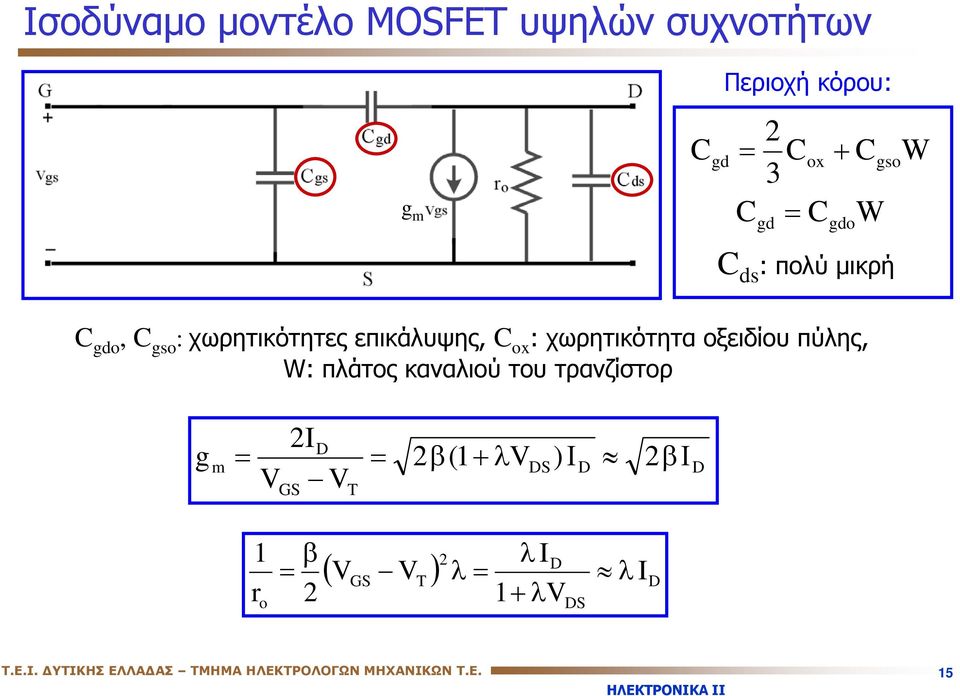 W: λάτος καναλιού του τρανζίστορ g 2I D m 2β(1 + λvds) ΙD 2 VGS VT βι D 1 r o β 2 2 D (