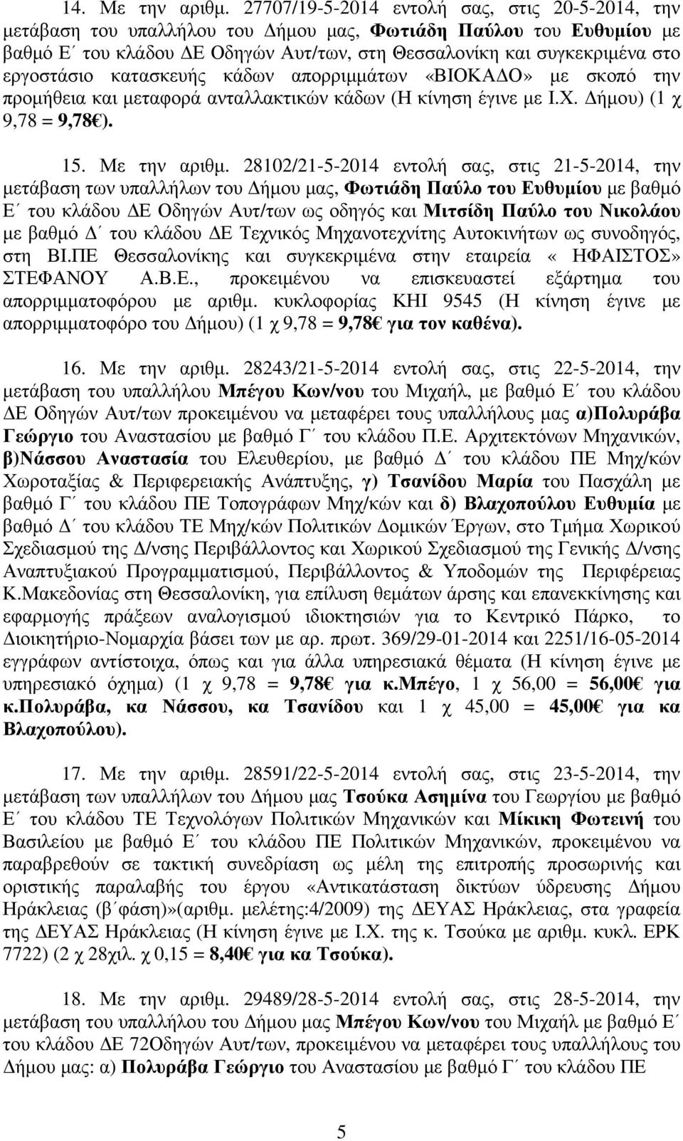 εργοστάσιο κατασκευής κάδων απορριµµάτων «ΒΙΟΚΑ Ο» µε σκοπό την προµήθεια και µεταφορά ανταλλακτικών κάδων (Η κίνηση έγινε µε Ι.Χ. ήµου) (1 χ 9,78 = 9,78 ). 15. Με την αριθµ.