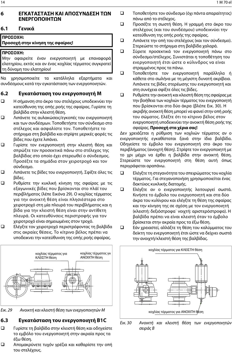 Να χρησιμοποιείτε τα κατάλληλα εξαρτήματα και συνδέσμους κατά την εγκατάσταση των ενεργοποιητών. 6.