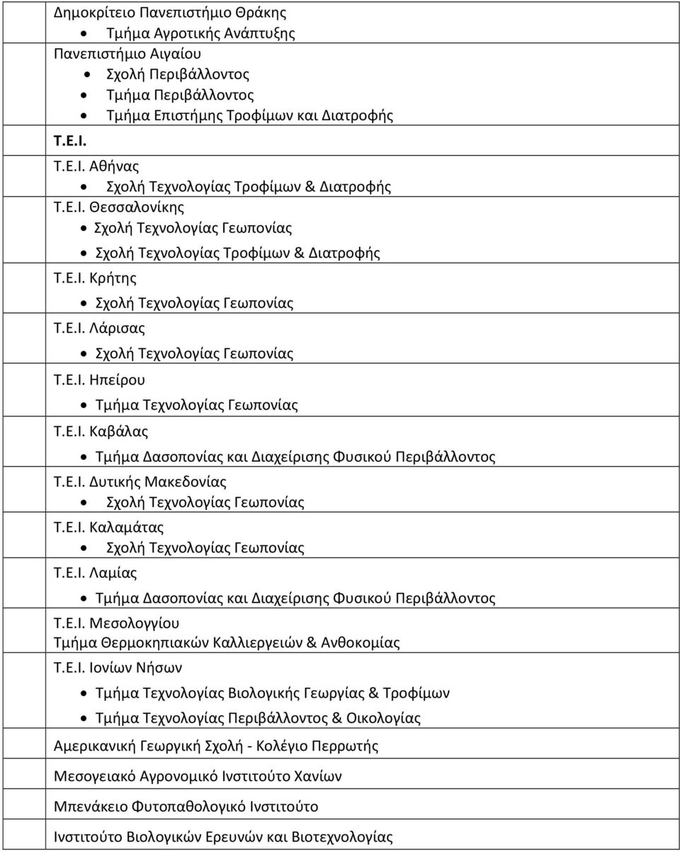 Ε.Ι. Ηπείρου Τμήμα Τεχνολογίας Γεωπονίας Τ.Ε.Ι. Καβάλας Τμήμα Δασοπονίας και Διαχείρισης Φυσικού Περιβάλλοντος Τ.Ε.Ι. Δυτικής Μακεδονίας Σχολή Τεχνολογίας Γεωπονίας Τ.Ε.Ι. Καλαμάτας Σχολή Τεχνολογίας Γεωπονίας Τ.