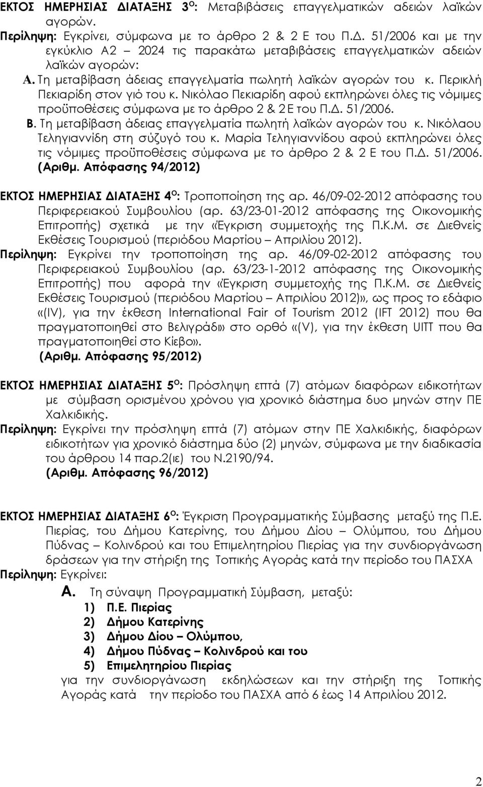 51/2006. Β. Τη μεταβίβαση άδειας επαγγελματία πωλητή λαϊκών αγορών του κ. Νικόλαου Τεληγιαννίδη στη σύζυγό του κ.