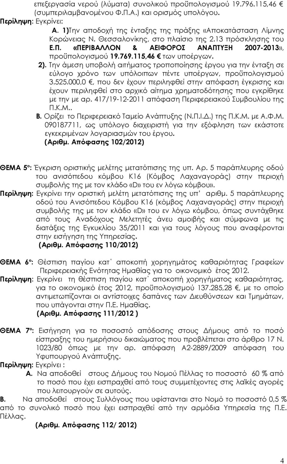 115,46 των υποέργων. 2). Την άμεση υποβολή αιτήματος τροποποίησης έργου για την ένταξη σε εύλογο χρόνο των υπόλοιπων πέντε υποέργων, προϋπολογισμού 3.525.