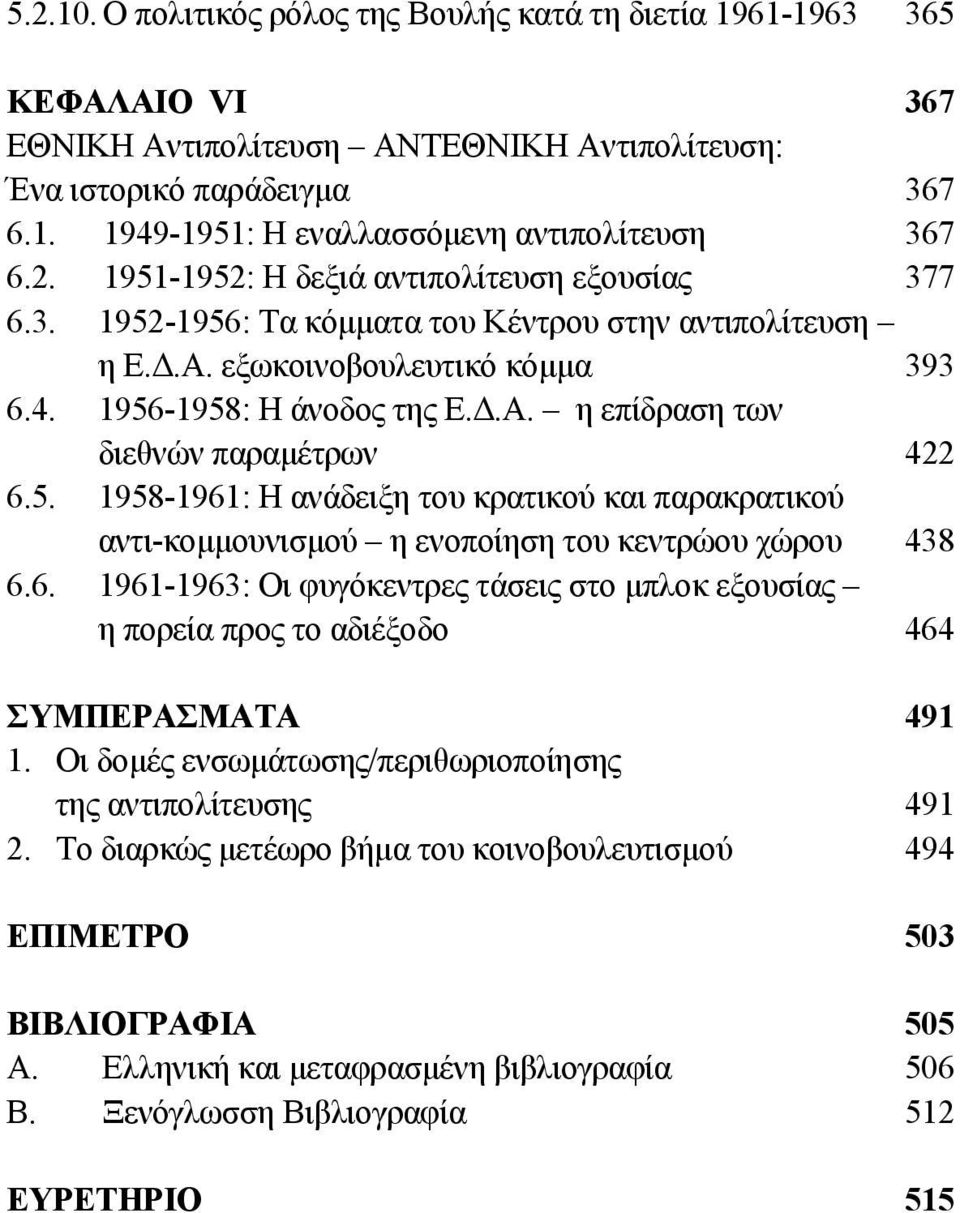 5. 1958-1961: Η ανάδειξη του κρατικού και παρακρατικού αντι-κοµµουνισµού η ενοποίηση του κεντρώου χώρου 438 6.6. 1961-1963: Οι φυγόκεντρες τάσεις στο µπλοκ εξουσίας η πορεία προς το αδιέξοδο 464 ΣΥΜΠΕΡΑΣΜΑΤΑ 491 1.