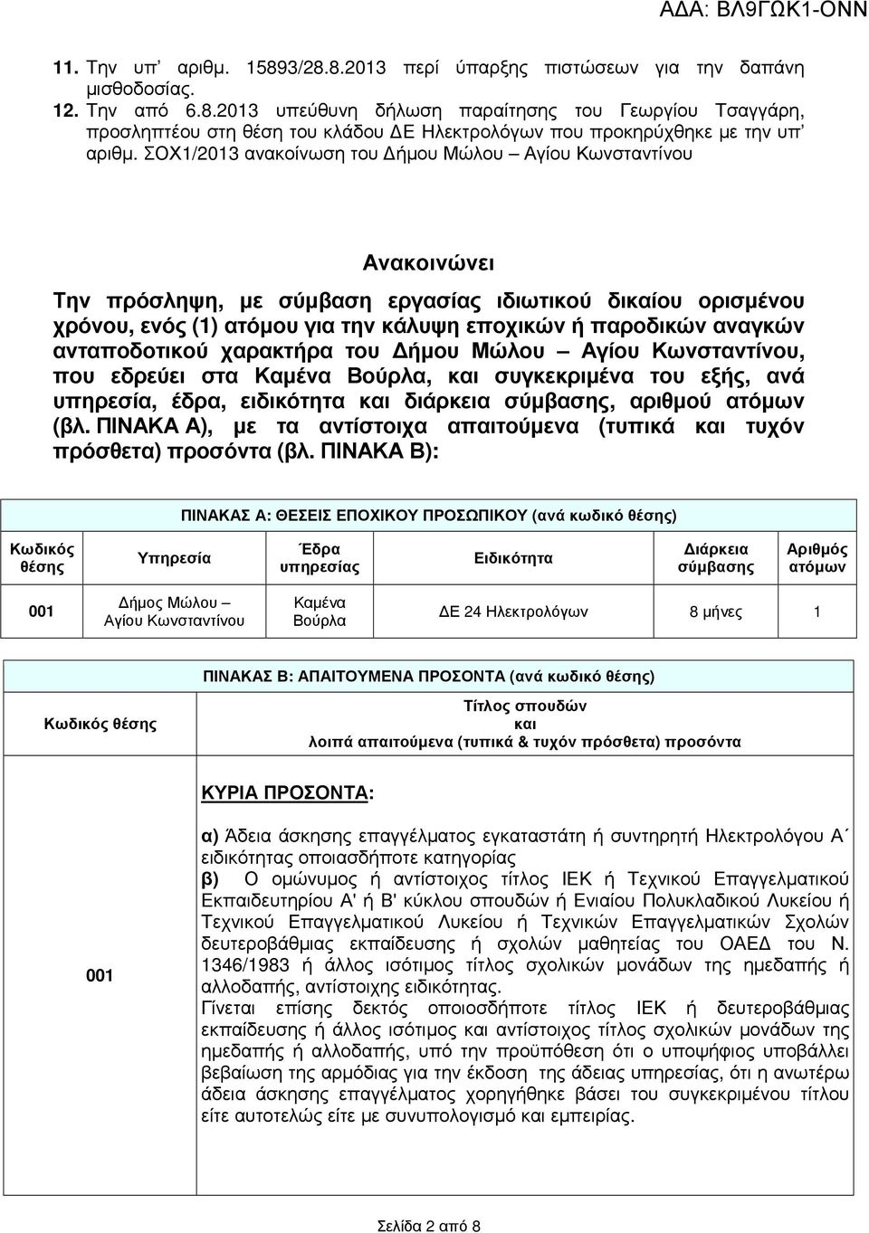 ανταποδοτικού χαρακτήρα του ήµου Μώλου Αγίου Κωνσταντίνου, που εδρεύει στα Καµένα Βούρλα, και συγκεκριµένα του εξής, ανά υπηρεσία, έδρα, ειδικότητα και διάρκεια σύµβασης, αριθµού ατόµων (βλ.